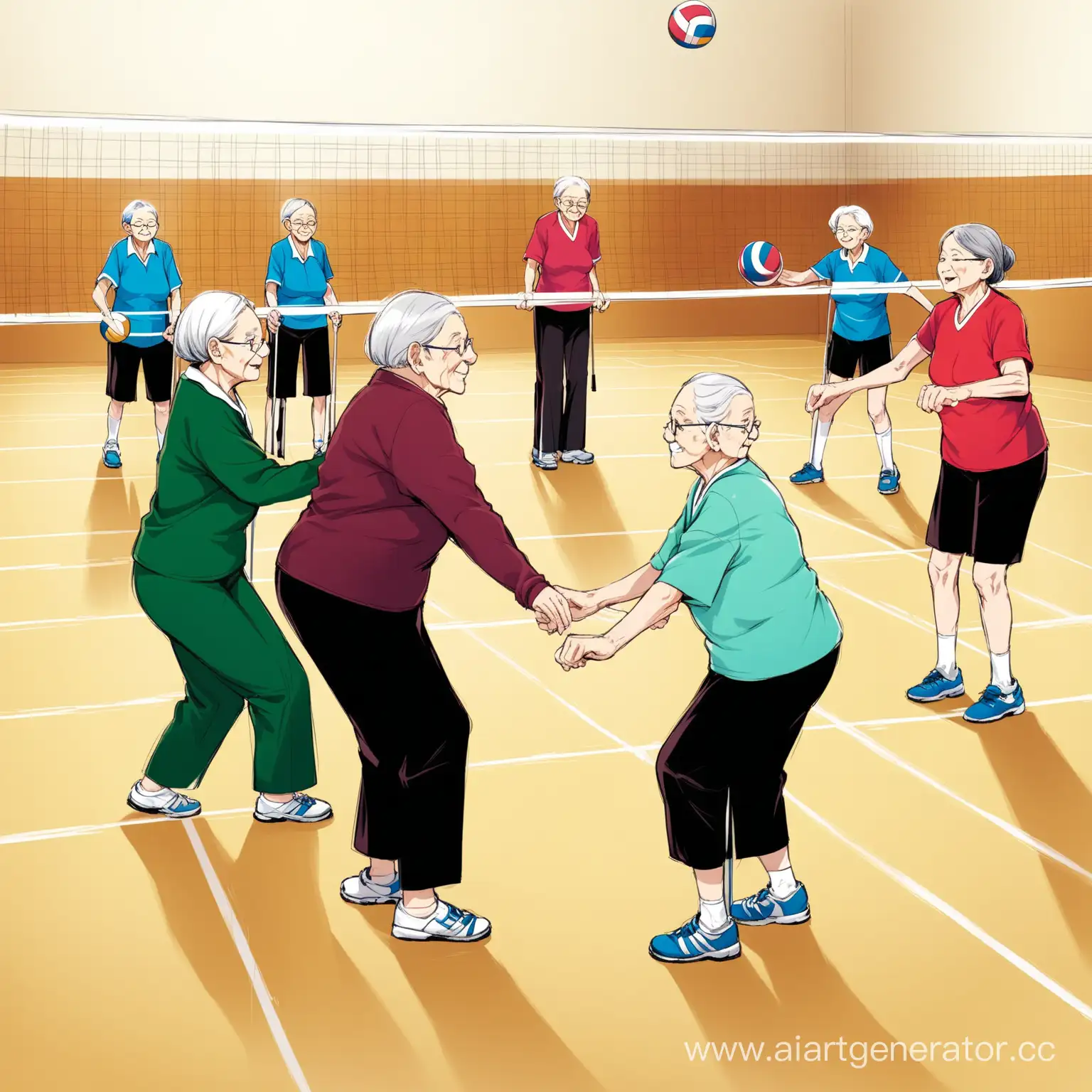 6 old people are playing hall volleyball, some of them with health crutches