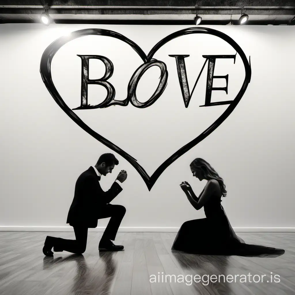 Draw a couple photo in which a man is sitting on his knees and giving a ring to a woman who is standing and wearing a bridal dress, and in the background, the wall has a heart with the initials "B love M".