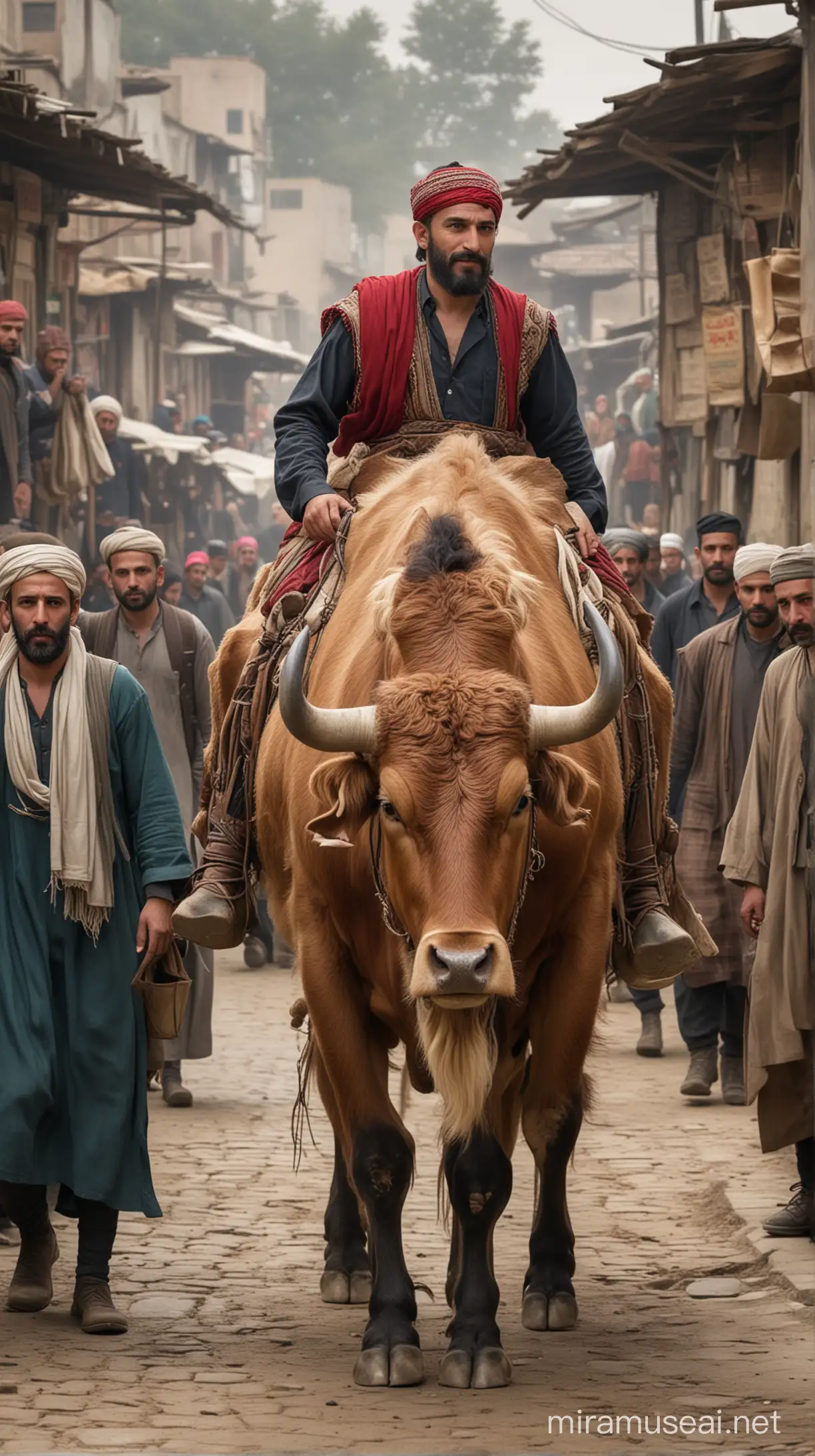 The scene in the Ottoman Empire where Şamil Alp carries a big ox on his back in the market: It can be seen that Şamil Alp is carrying an ox on his back in the market and the people around him are walking around with confused expressions.