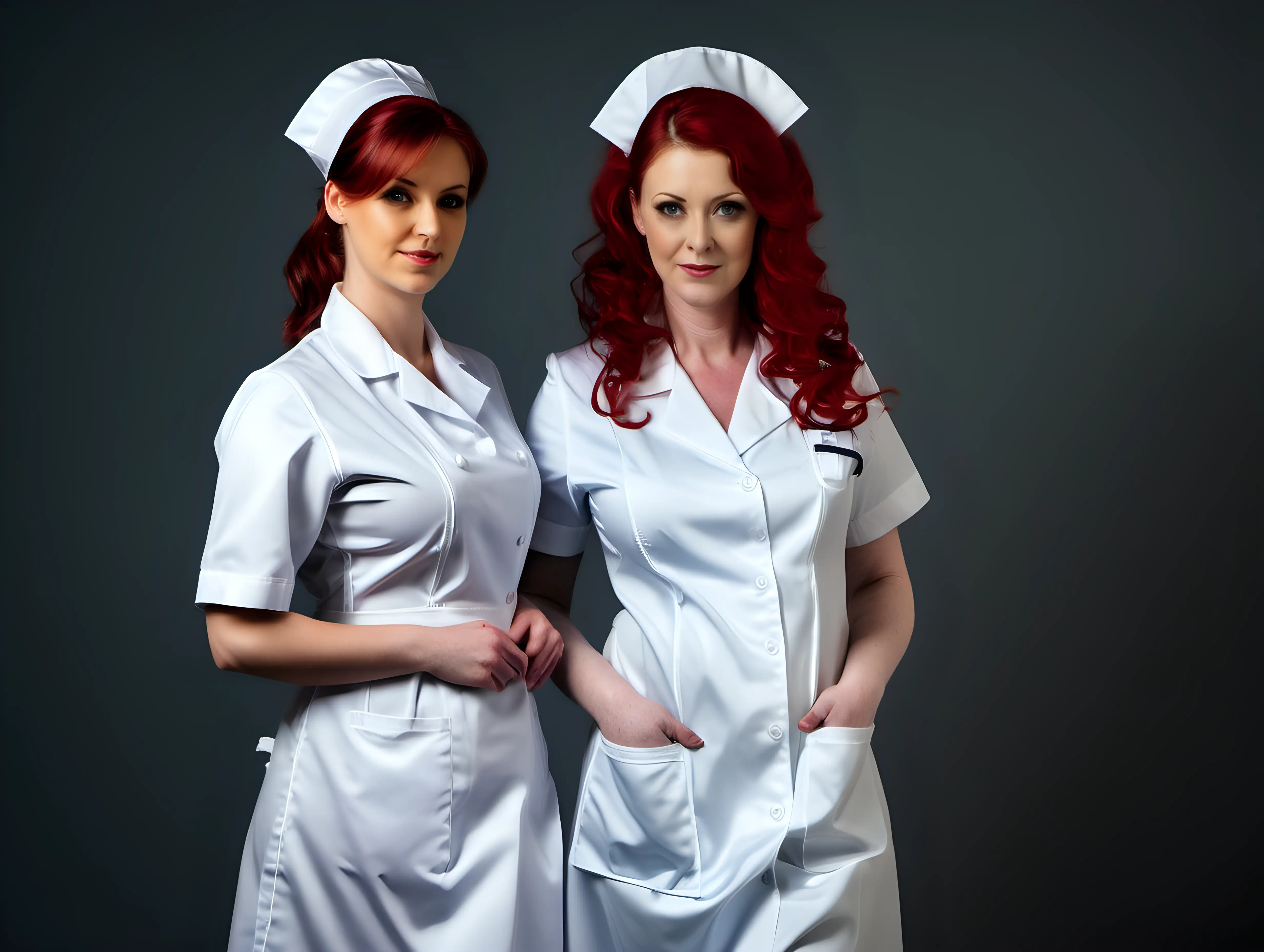 Adorable Girl in Long Satin Nurse Uniforms with Mothers Red Hair