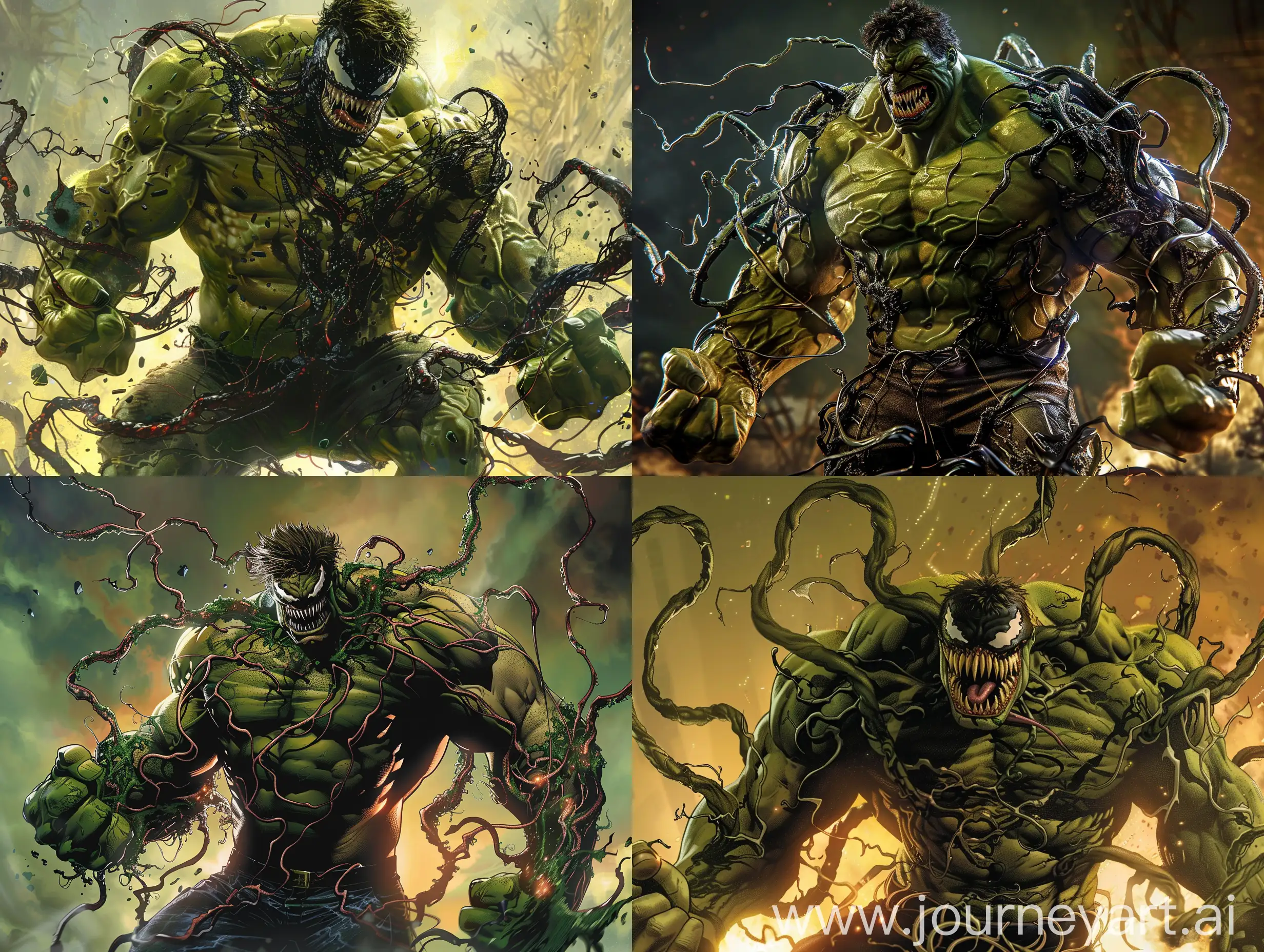 Witness the ultimate fusion of strength and darkness with tendrils of symbiote wrapping around Hulk's massive muscles as Hulk and Venom merge into one powerful being.