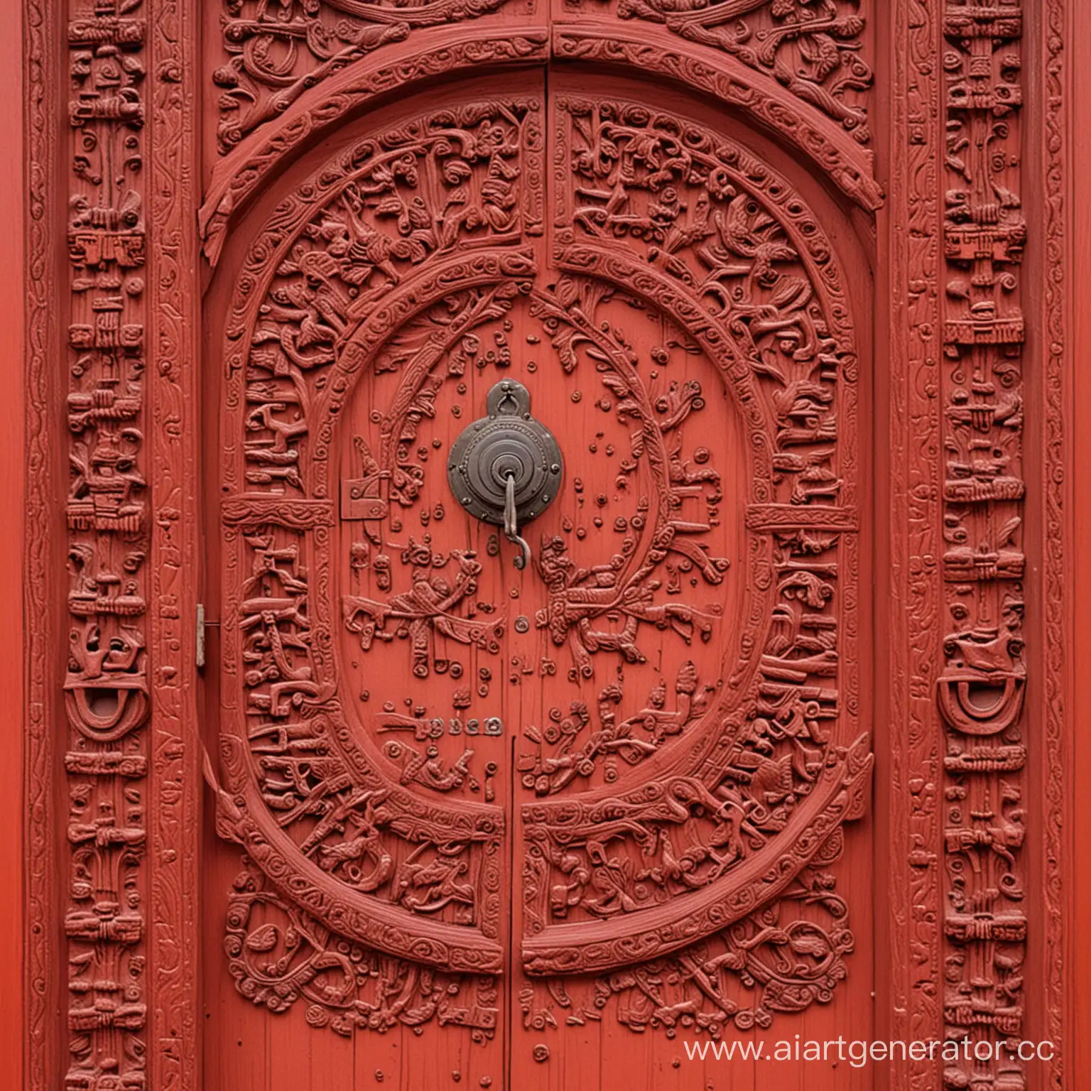 
красная дверь 
красивая деревянная дверь с элегантным резным узором, скорее всего ручной работы, с одним навесным замком, ручка тоже узорчатая с надписями, глазка нет.