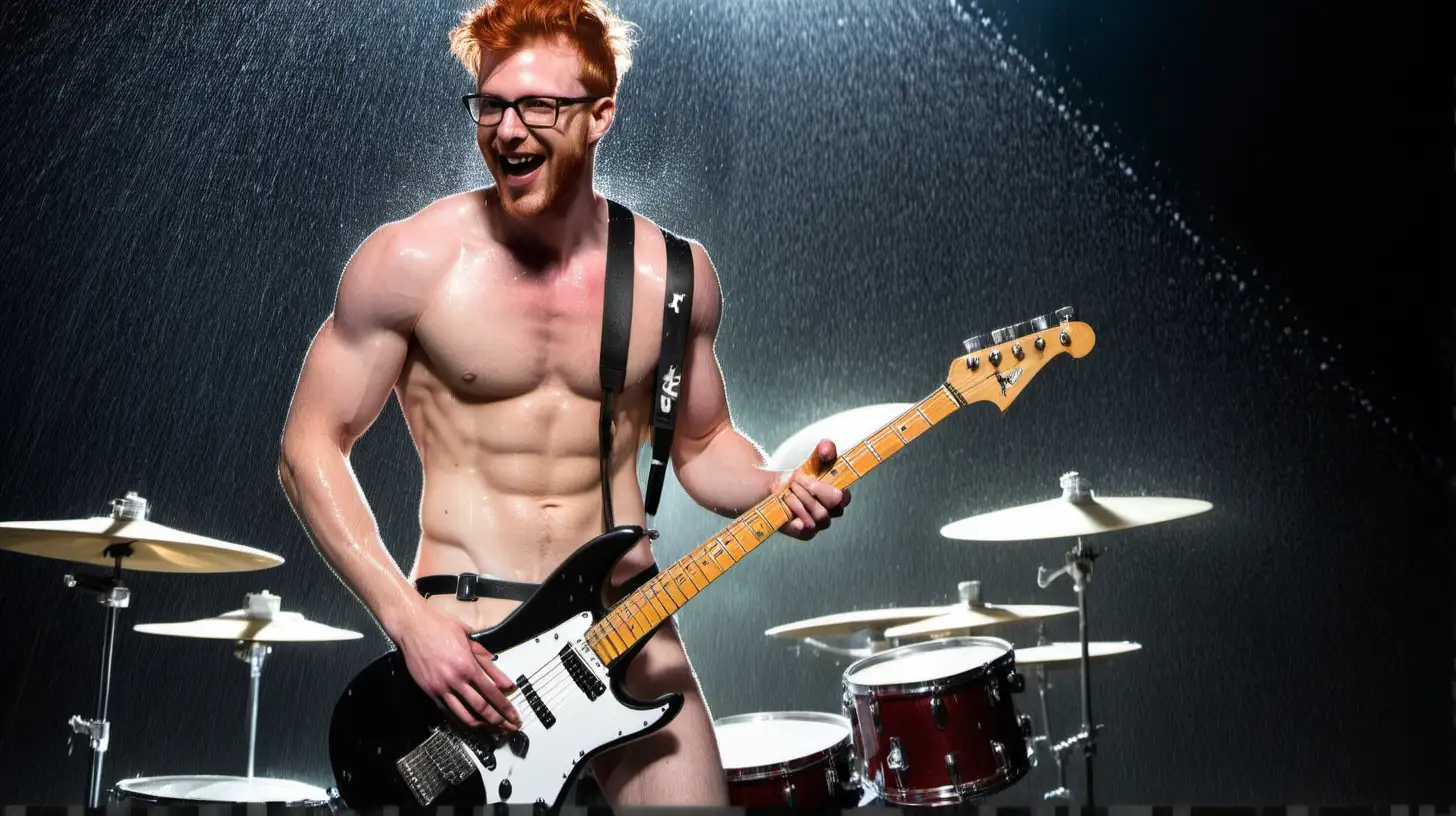 handsome redhead rockstar, shirtless, very sweaty, very wet, stubbles, short hair, glasses, muscular, show hairy chest, show abs, show legs, skimpy white undies, spotlights, mic stand, guitar, drums, smiling, full body shot, raining