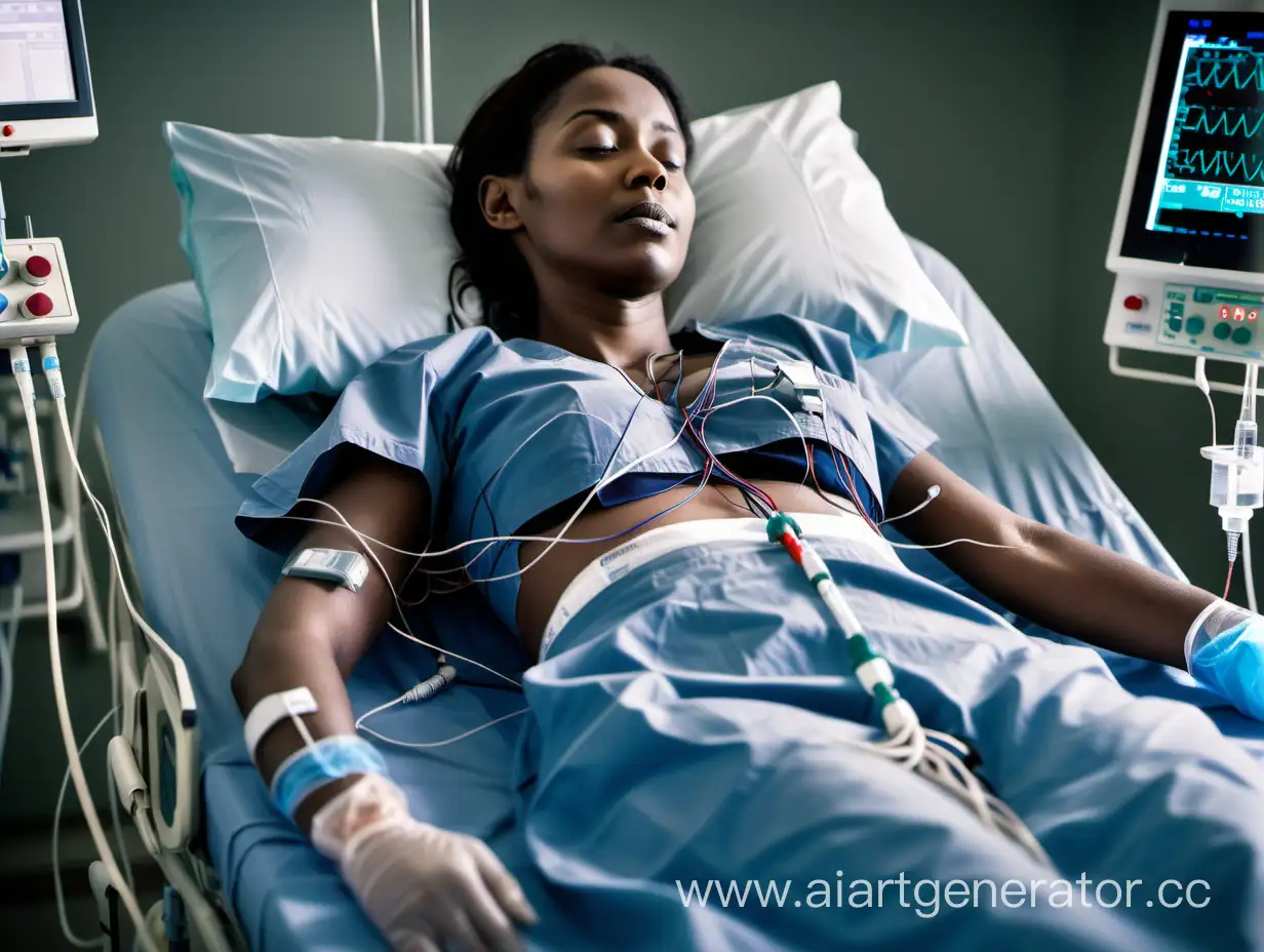 Woman lying on a hospital bed in the hospital ICU. She has an IV connected to her arm. She is connected to an ECG heart monitor.  There are ECG electrodes on her chest. The wires from the EKG electrodes drape across her chest.