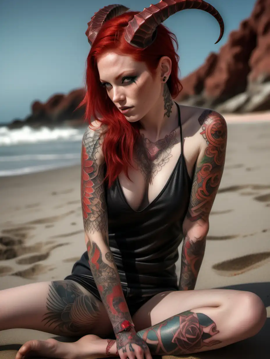 ultra-realistic high resolution and highly detailed photo of a female human, with sleek pointy horns gently swept straight backwards over head, red hair, red scales on body, and draconic tattoos on arms and body, sitting at a beach