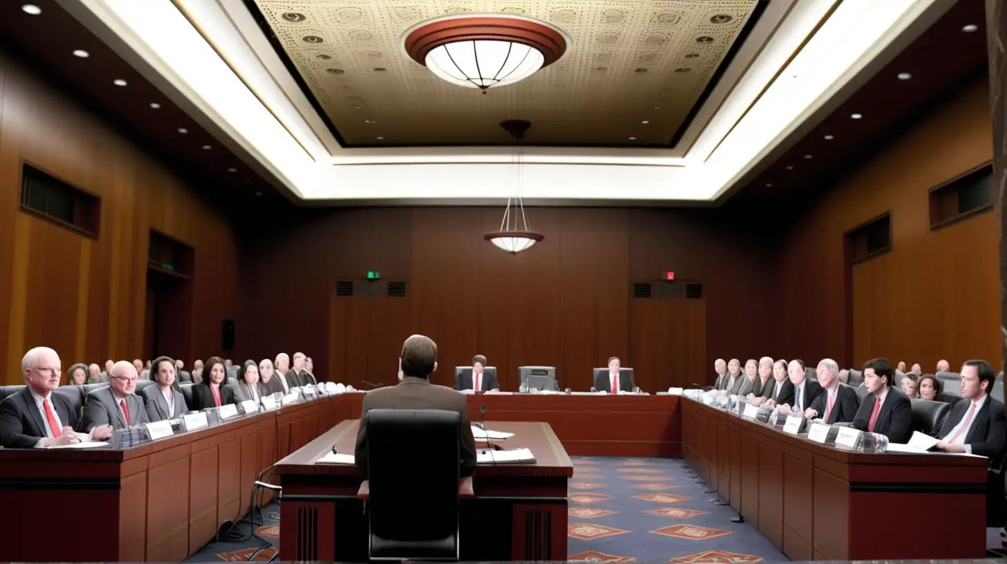 an economist appears in front of a senate committee. The picture shows both the economist and the panel of senators.