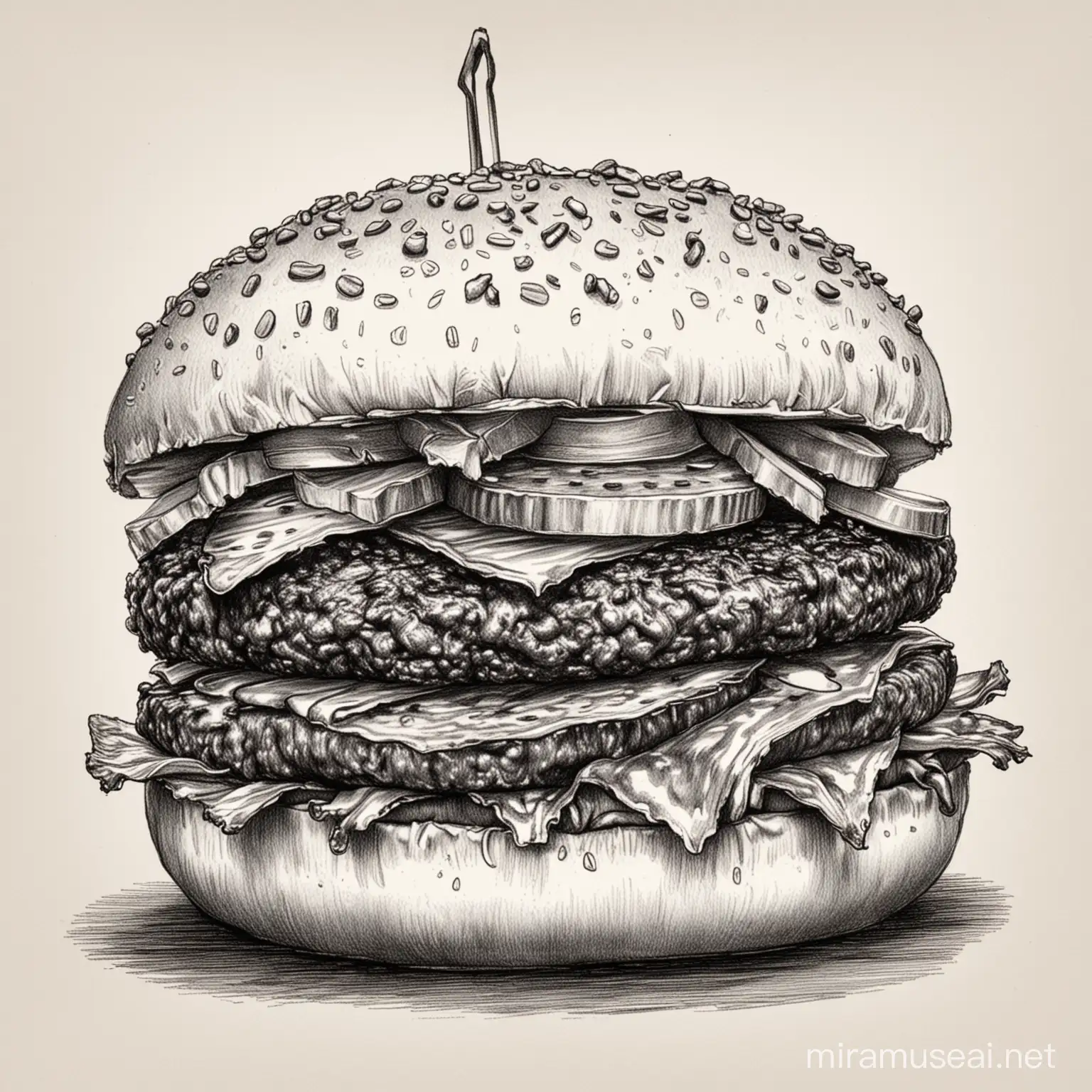 An ink drawing of a beef burger. The drawing should look kind of amateur and scratchy.