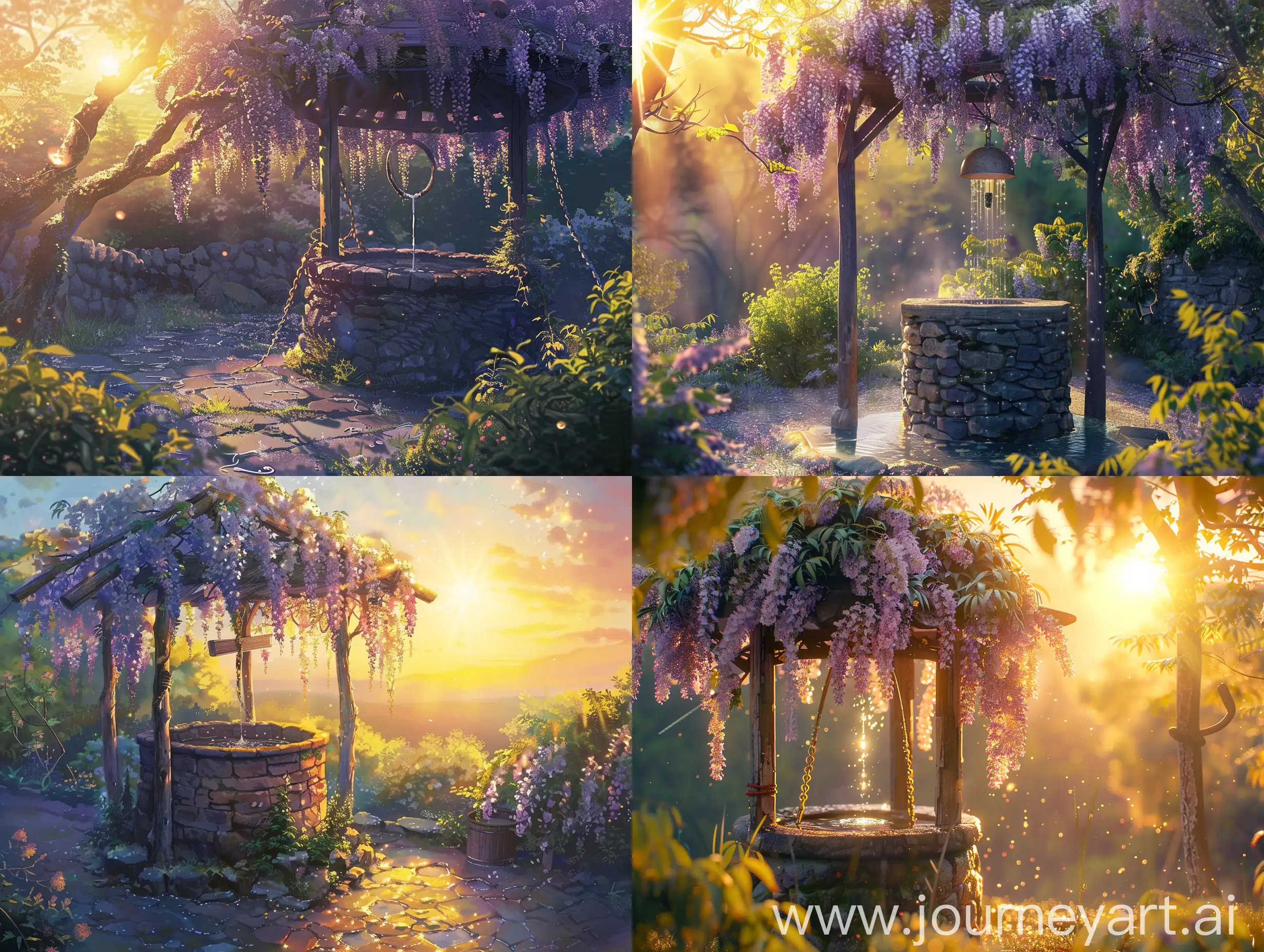 Morning-Sunlight-Over-Wisteria-Covered-Well-Ghibli-Style-Anime-Art
