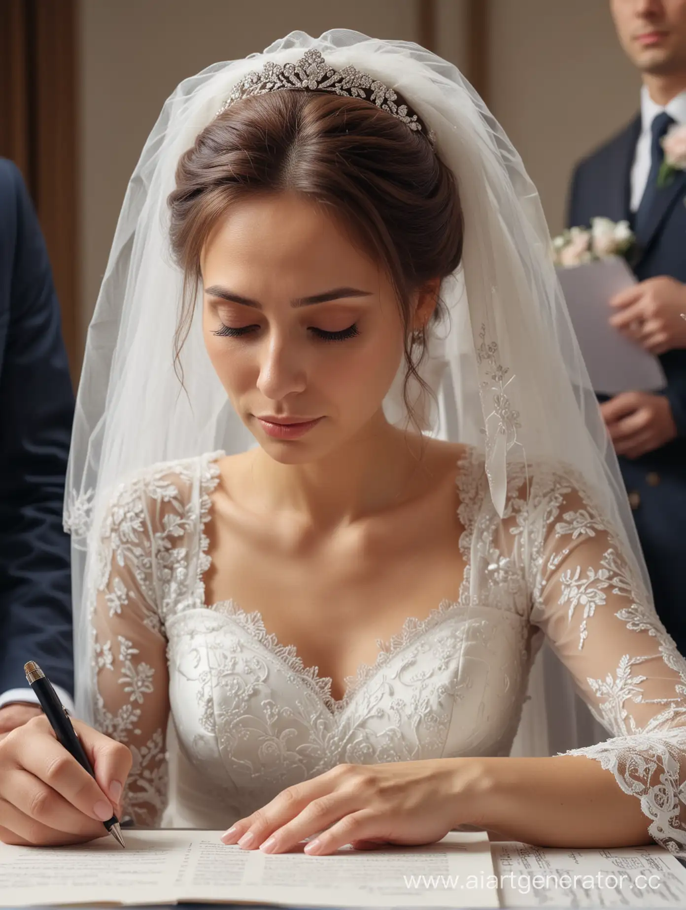 A beautiful bride with a sad look signs the Marriage contract that the groom's mother gave her, clear photo, 8K