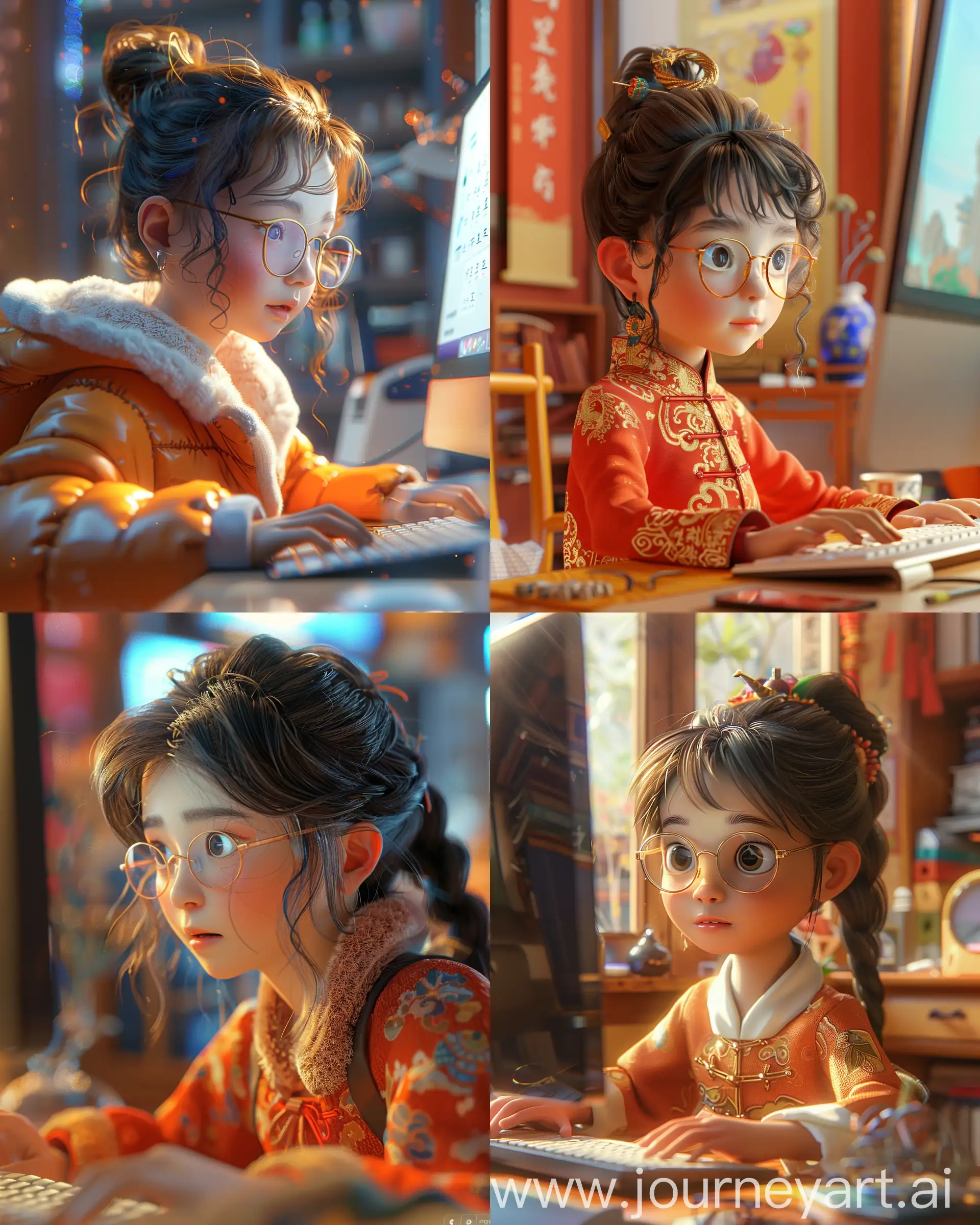 young Chinese girl in glasses typing on a computer in 3d digital illustration 2, in the style of quirky character designs, warm color palette, unicorncore, vray, study, sharp & vivid colors, studyblr --ar 4:5 --stylize 250 --v 6.0