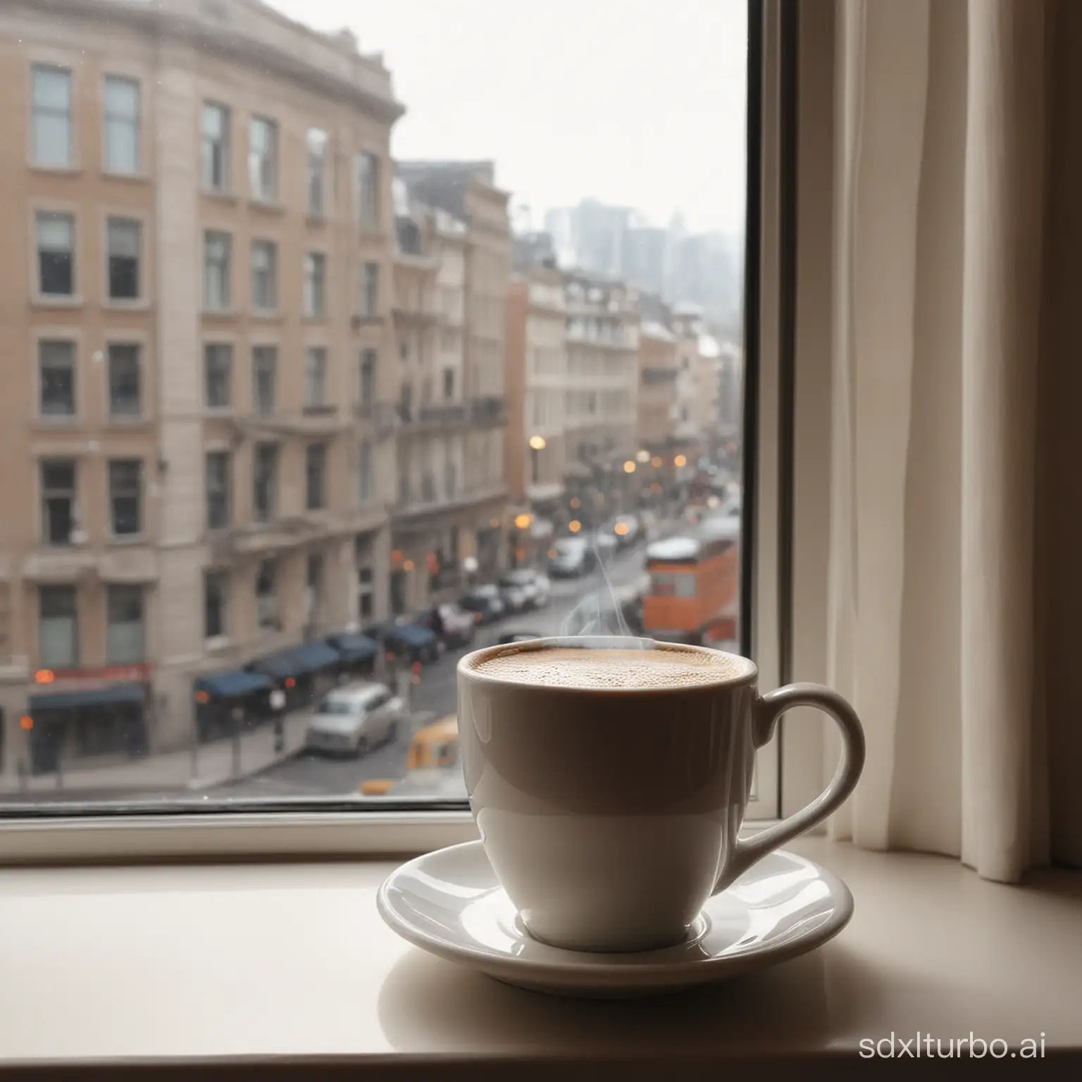 a hot cup of coffee with a window on the background