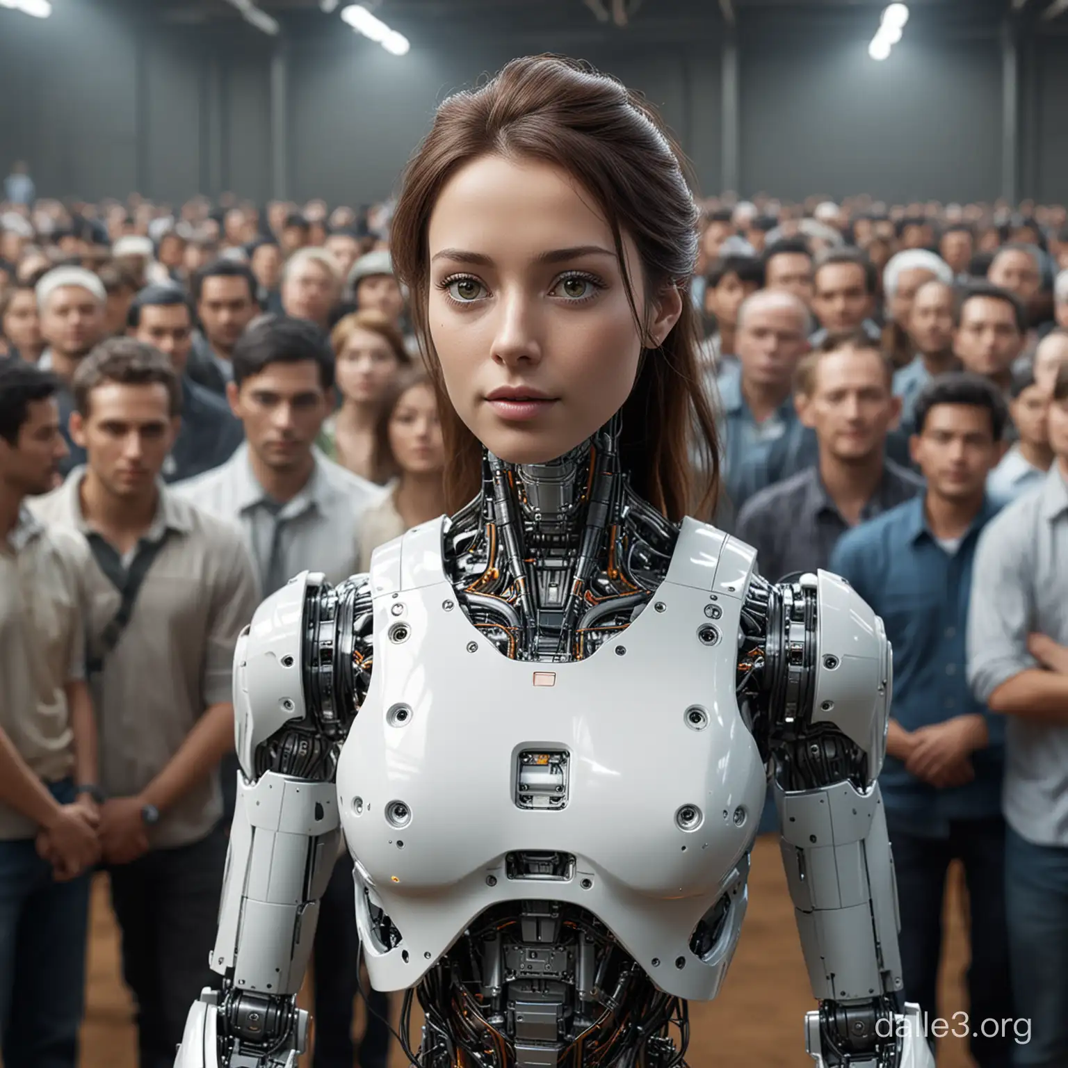 Masterpiece, super realistic image of Ameca, humanoid robot, semi full body, looking at the camera, talking at the press with many people looking to him, hyper detailed.