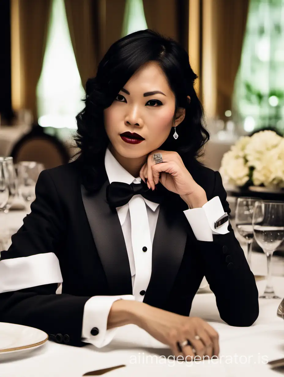 30 year old stern Vietnamese woman with shoulder length black hair and lipstick wearing a tuxedo with a black bow tie. (Her shirt cuffs have cufflinks). Her jacket has a corsage. She is at a dinner table.
