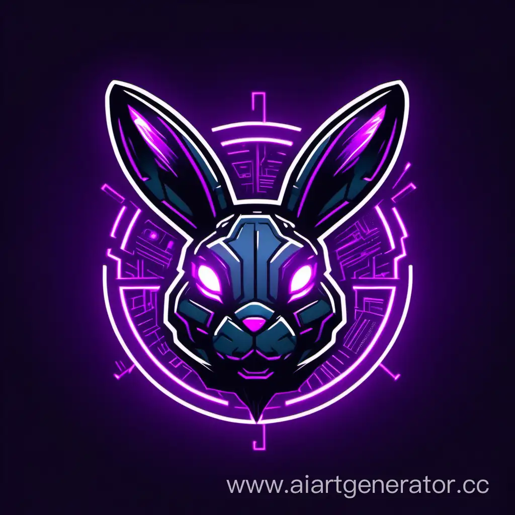 логотип с головой зайца на черно-фиолетовом неоновом фоне в стиле кибер панк 