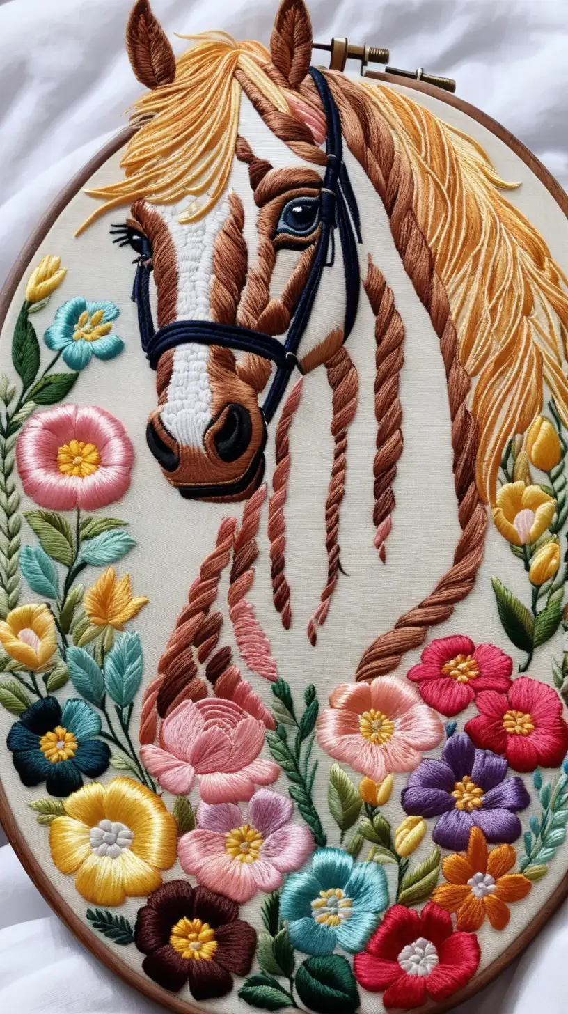 Floral Embroidery with Horse Vibrant Botanical Stitchwork Featuring Equine Motif