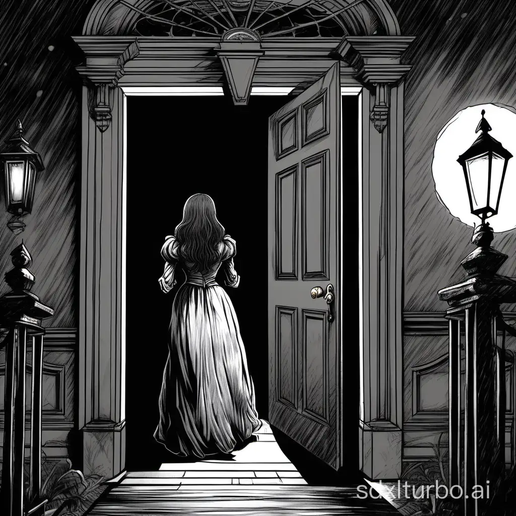 Maria investiga y se dirige a la mansión al anochecer, al llegar encuentra la puerta entre abierta y una atmósfera espeluznante