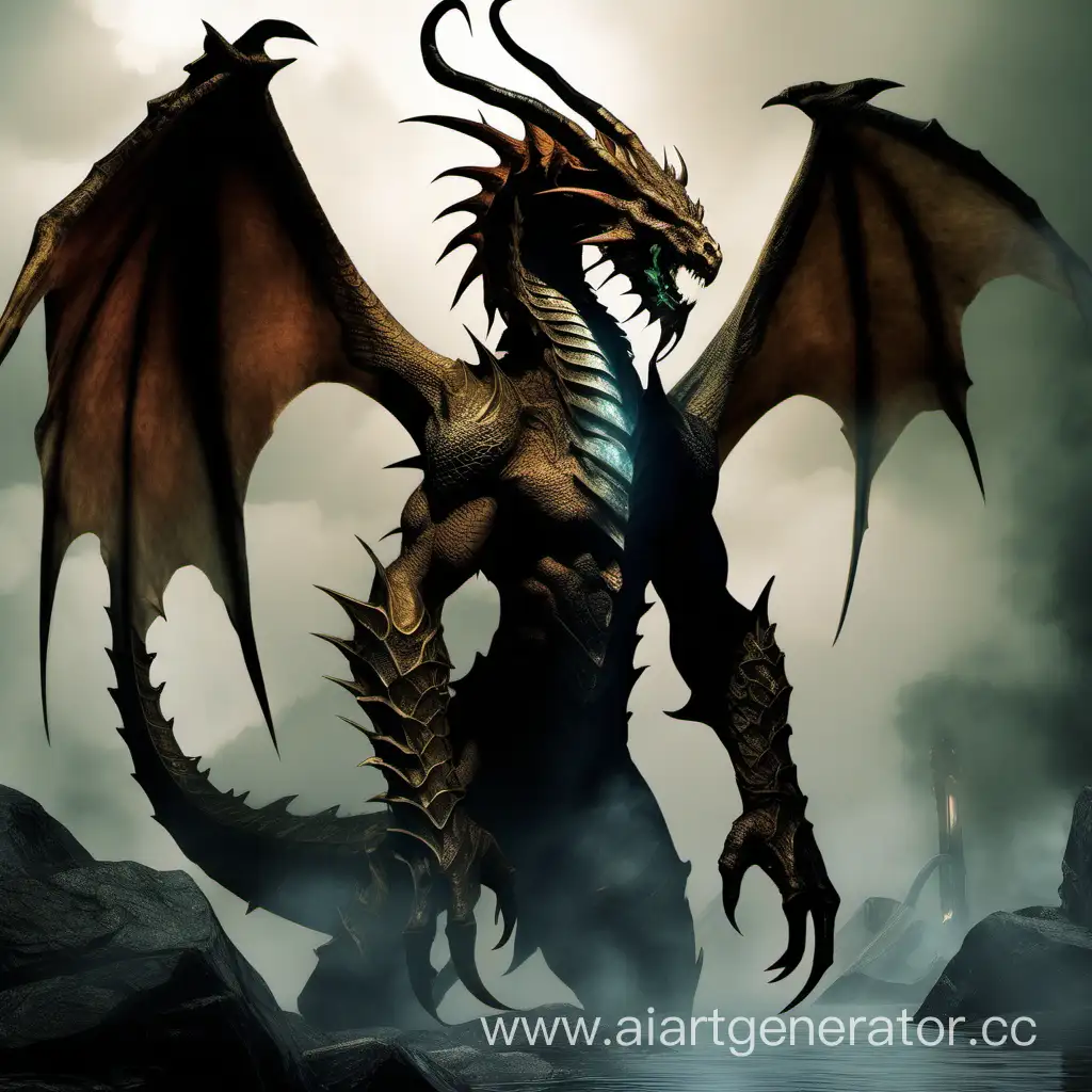 The creature is half-human, half-dragon, dragonborn. Tall with thin scaly skin, wings and tail. The horns on his head symbolize his strength and magical nature. A body with magical designs and cold fire, which looks like ordinary fire, but cold and strong. The creature delights and frightens with its uniqueness and power. The background of the place surrounding it creates a dangerous and magical atmosphere.