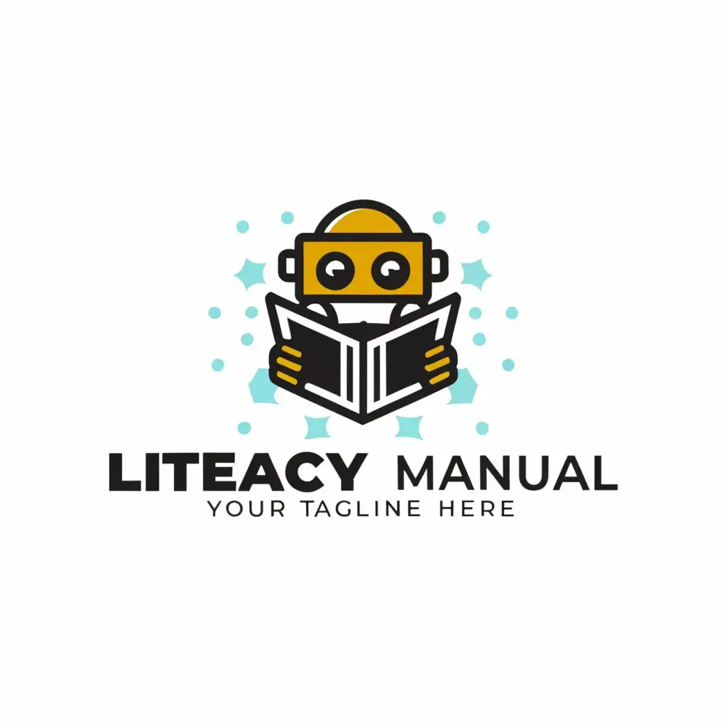 a logo design,with the text "Literacy Manual", main symbol:A robot reading,Moderate,be used in Education industry,clear background