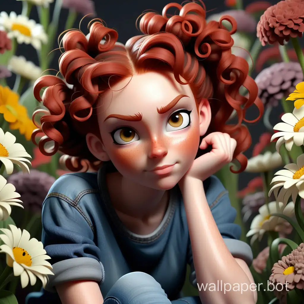The red-haired girl in jeans and a T-shirt. Curly hair is gathered in a bun. Expressive beautiful eyes. Sitting among flowers. Sharpness and quality.