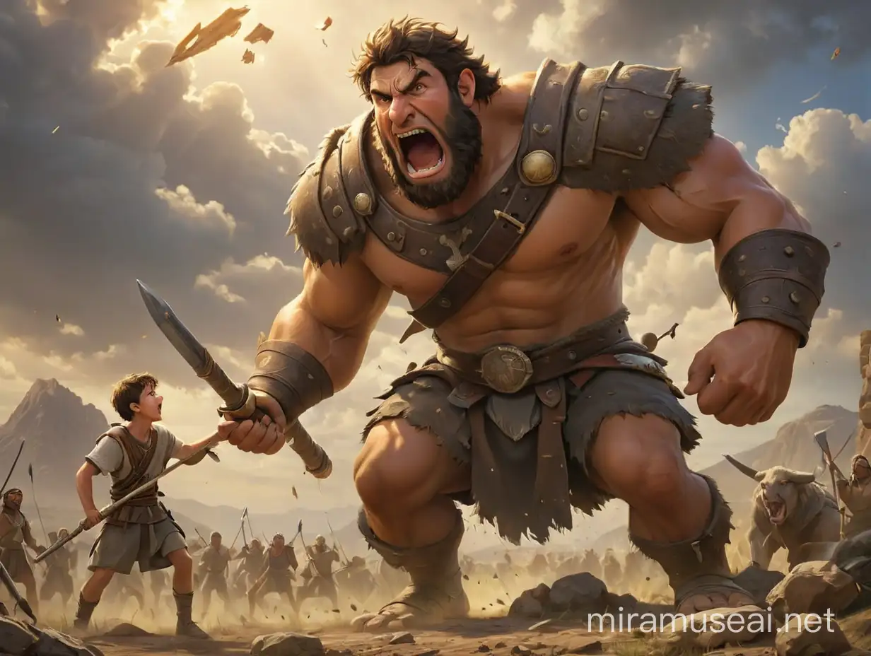 David Confronts Goliath Biblical Scene with Courageous Shepherd and Towering Giant