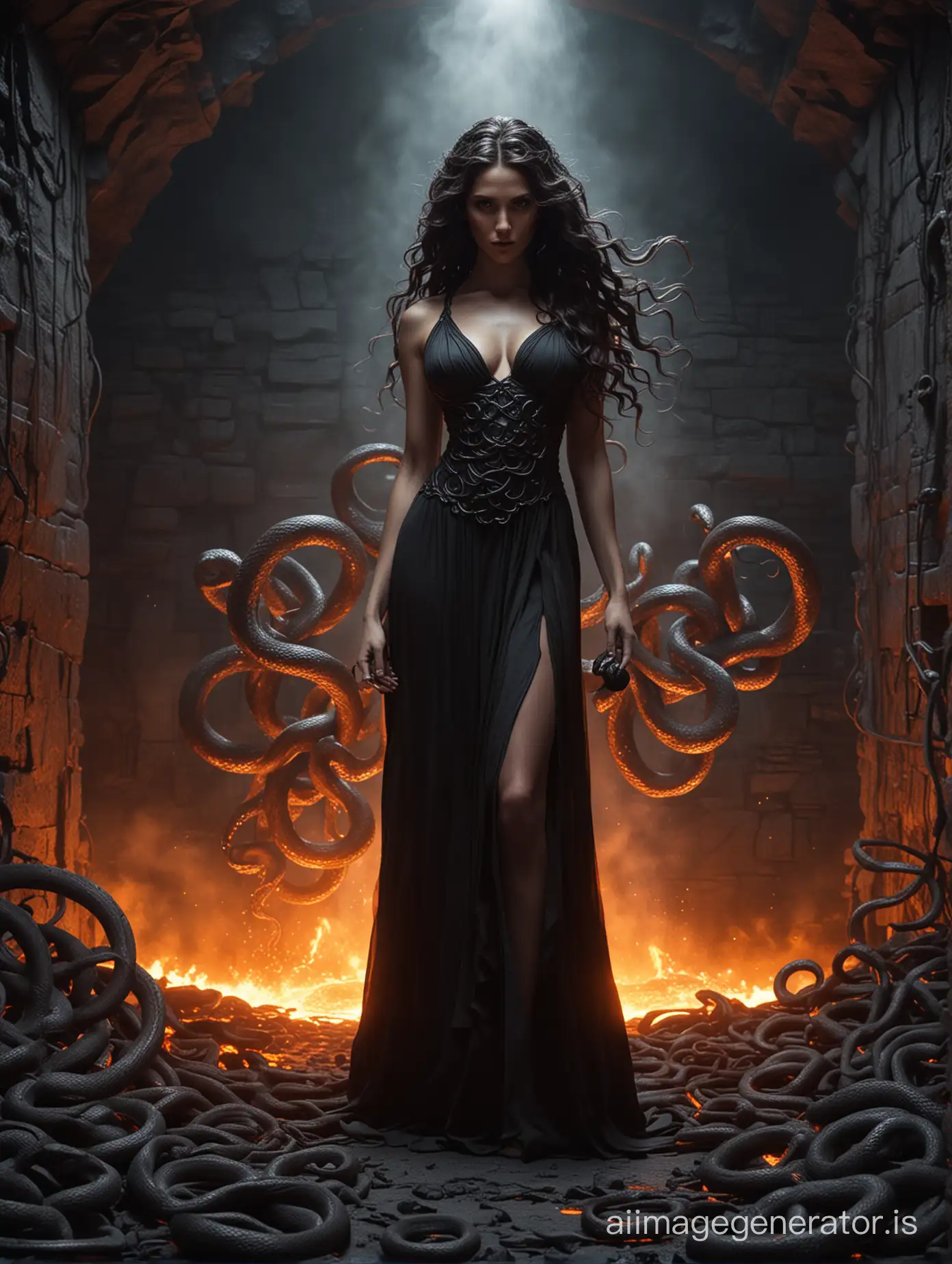 mythological medusa. long black dress. snakes in hair. glow from lava in a smelter iron forge in the background underground dungeon