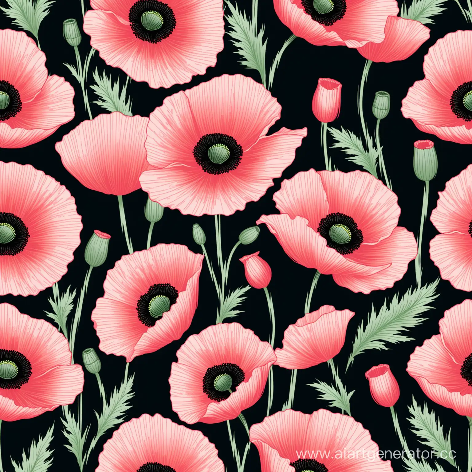 Seamless-Pattern-of-Poppies-Flowers-on-Light-PinkBlack-Background-for-Textile-Design