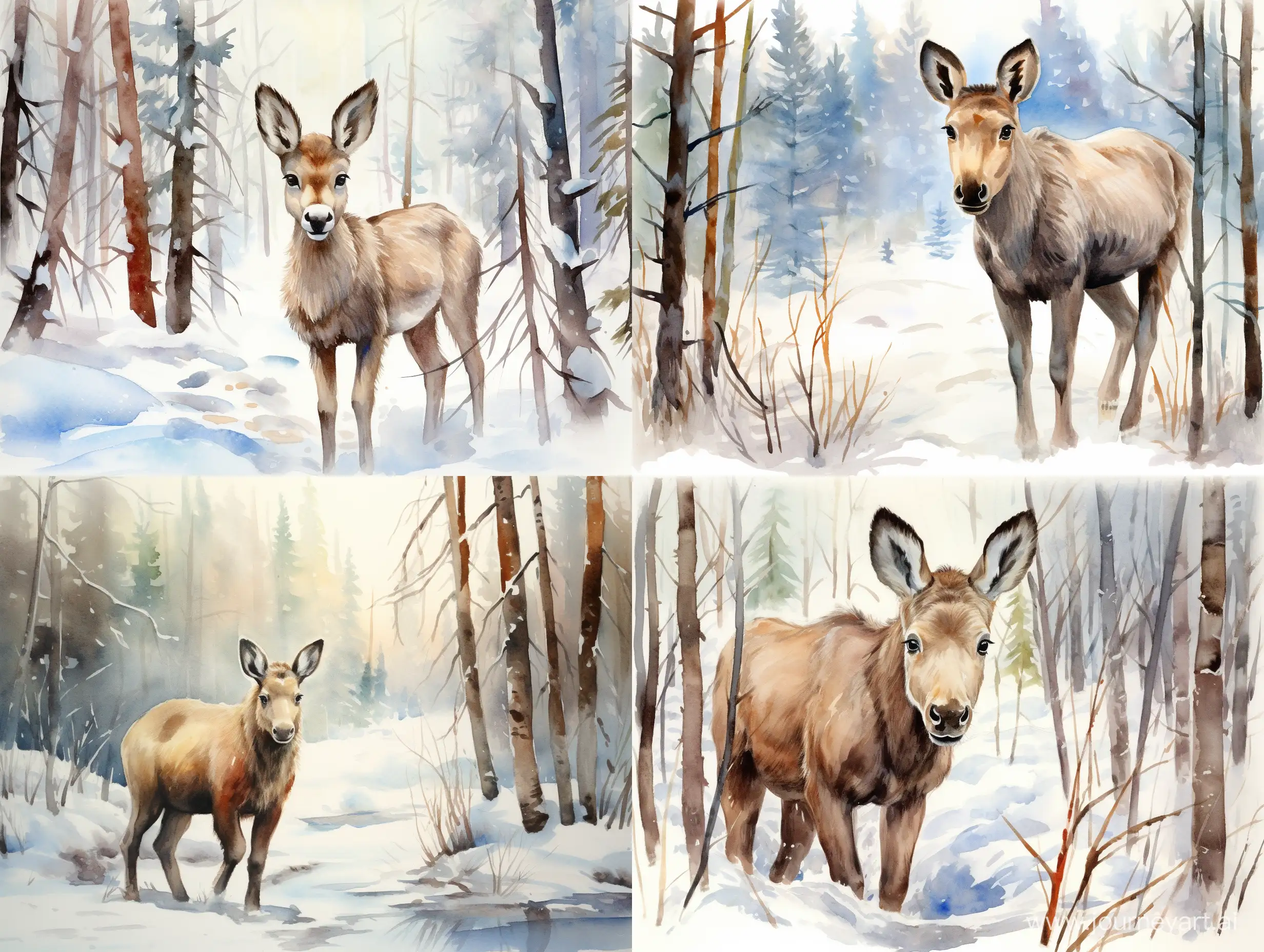 Graceful-Winter-Scene-Small-Moose-Amidst-Enchanting-Watercolor-Forest