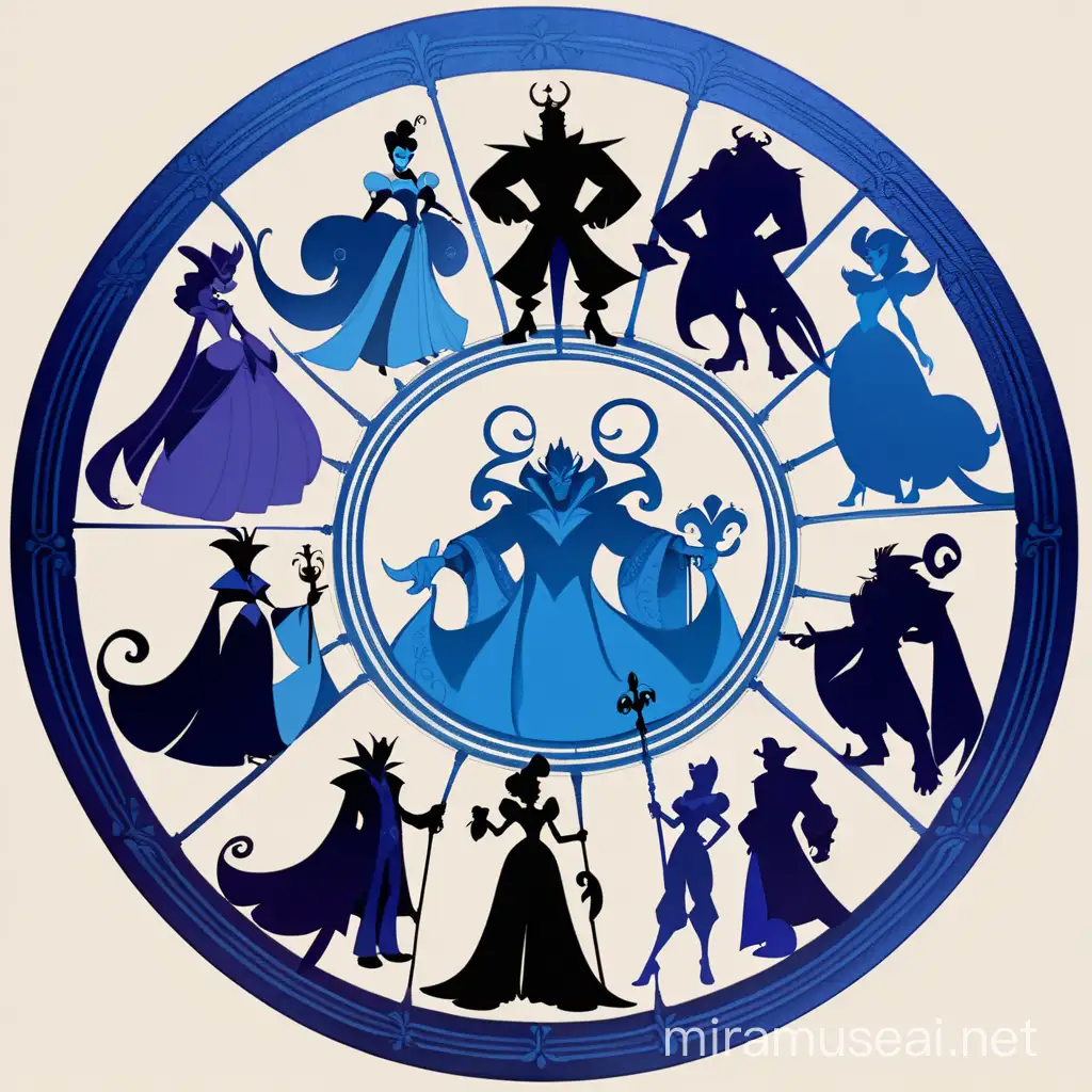 all disney villains silhouette, blue shadows arranged in a circle, calligraphic lines, disney style, victorian style, blue outline