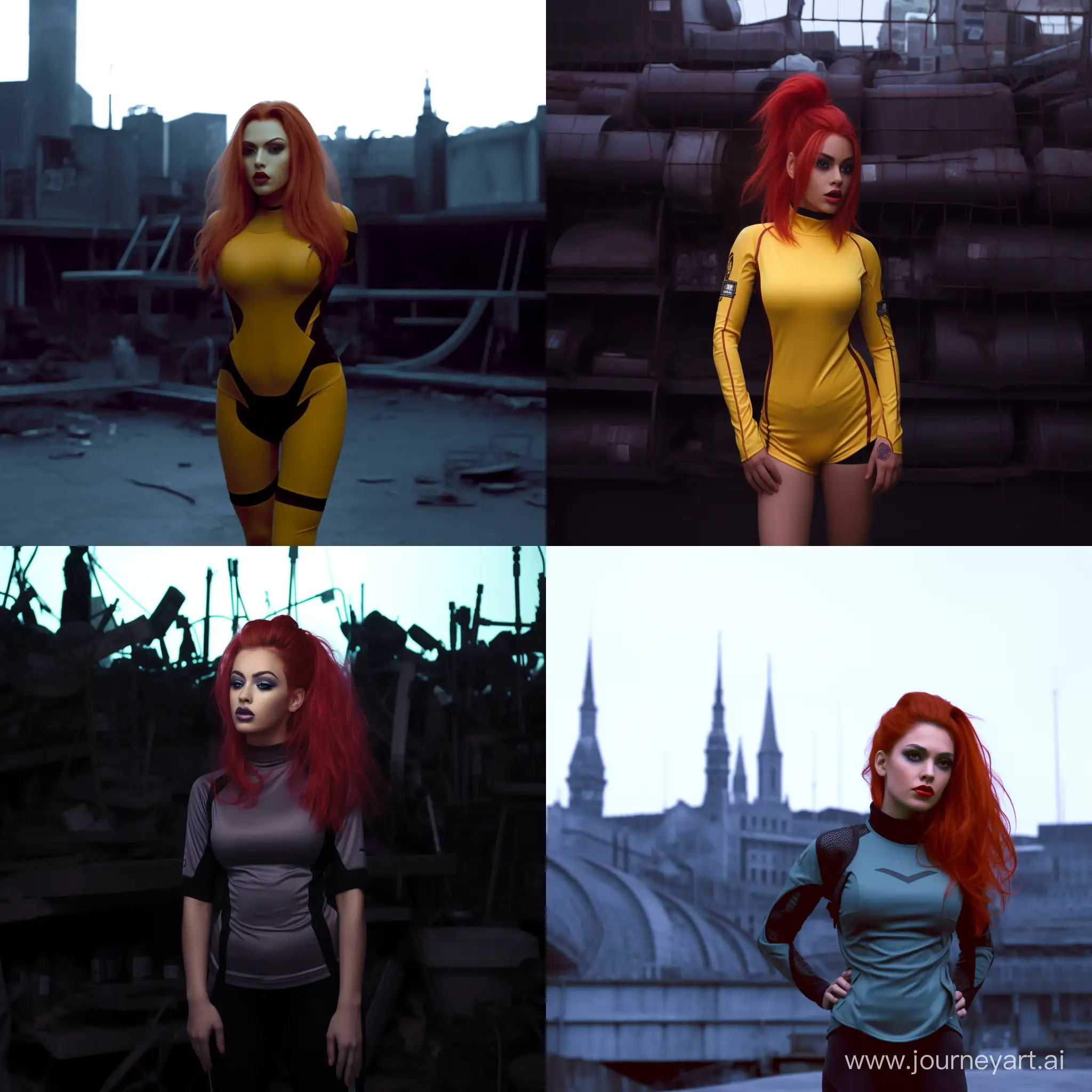 STpeach in a yellow latex bodysuit, realistic red shoulder length hair, real photograph, sharp focus, raytracing, dynamic cyberpunk lighting, intricate and detailed, cyberpunk aesthetic, city street background