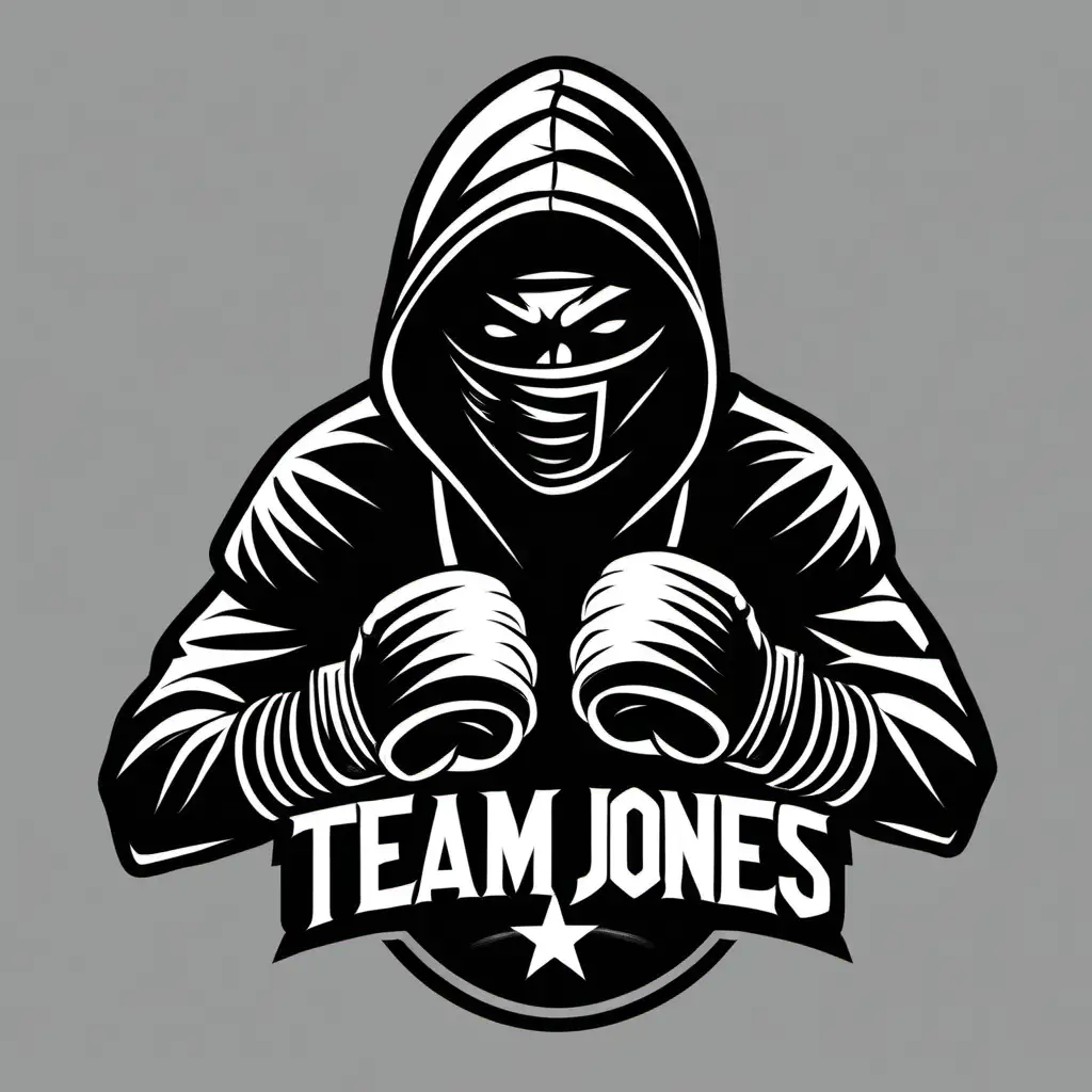  Hooded assassin with dreadlocks and boxing gloves  for simple Muay thai logo that says team Jones 
