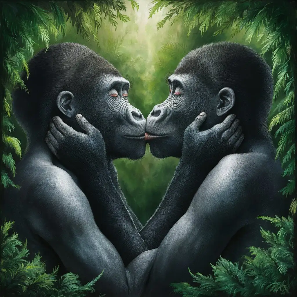 Affectionate Lesbian Gorillas Embracing in Tender Kiss