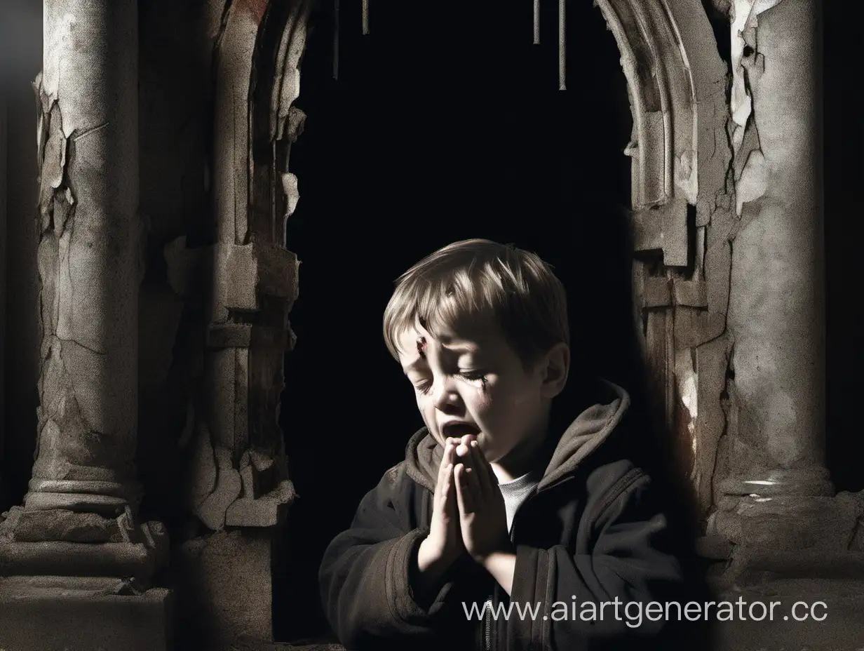 dilapidated dark church, little young boy praying close up, and crying, high detail, ultra-realistic