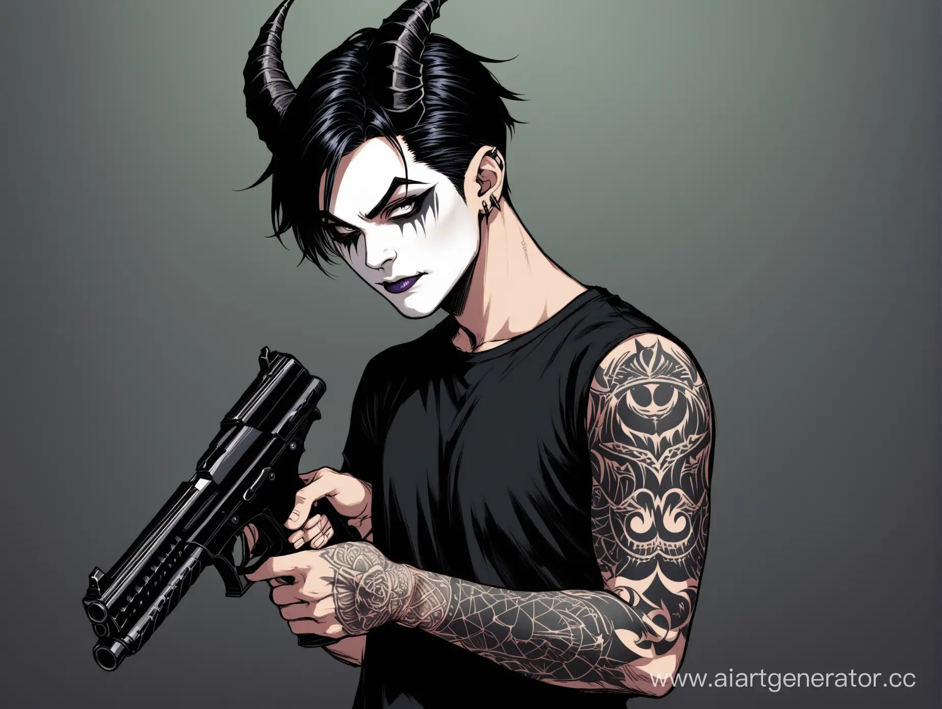 Young-Man-with-MaleficentInspired-Face-Tattoos-Holding-Gun