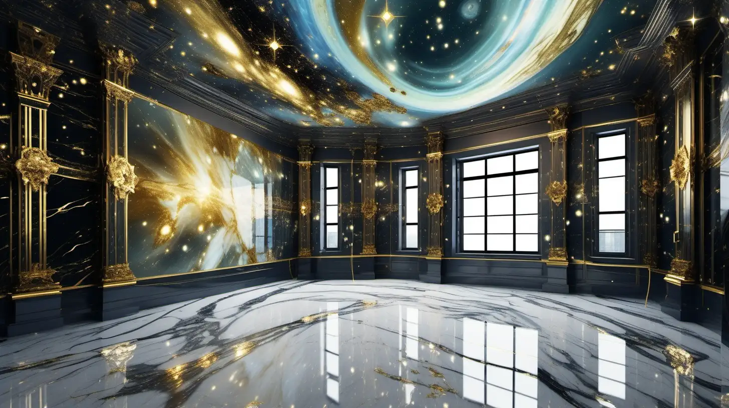 Luxurious Spacethemed Marble Loft with Intricate Details and Iridescent Accents