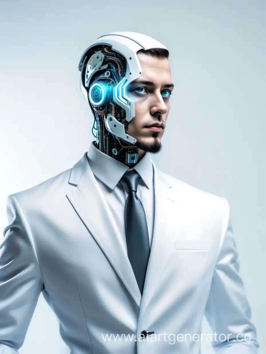 Artificial intelligence works as a sales manager. Looks like a man. White background. Futuristic image, cyberpunk.