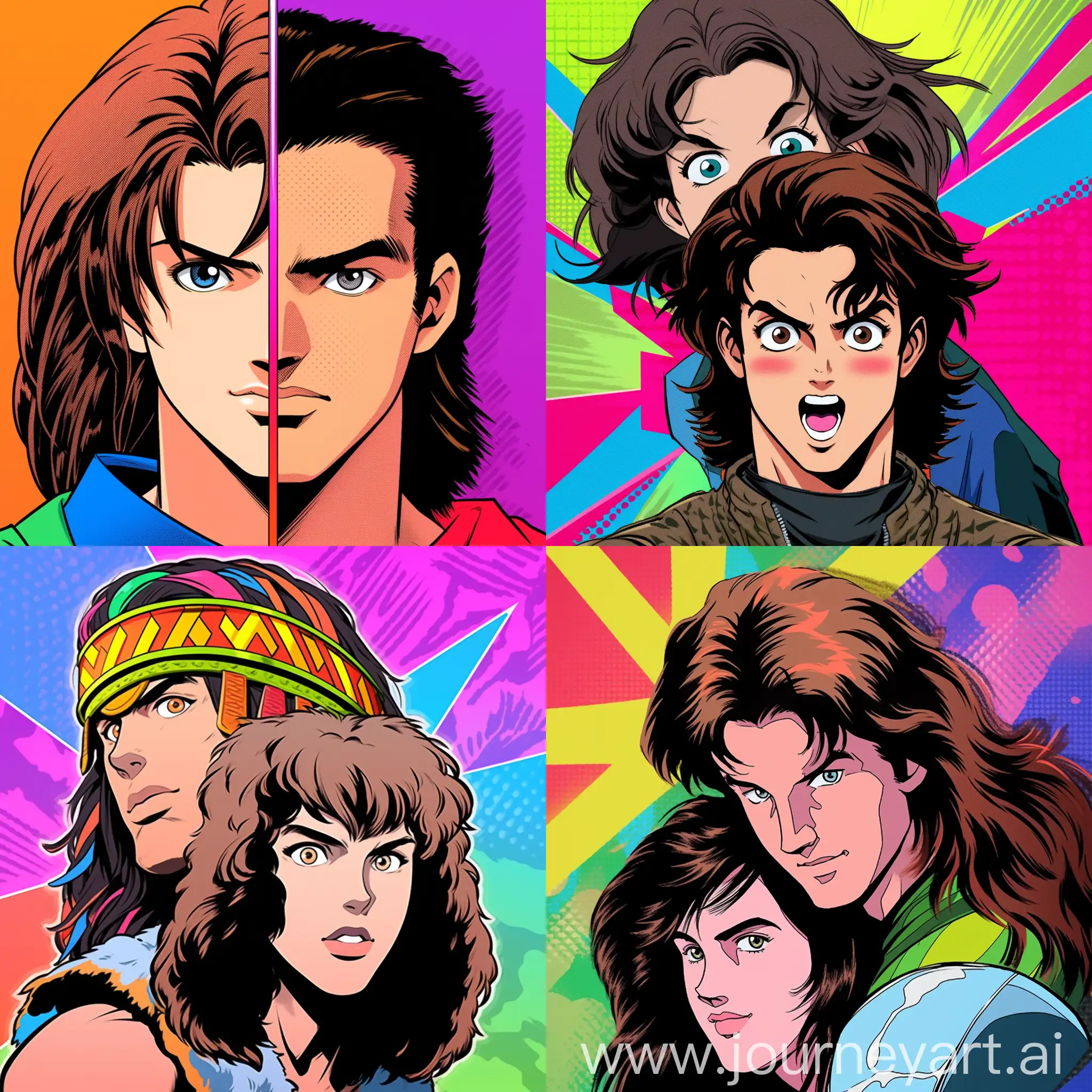 The Cultural Revolution meets pop art, shot of a both brown eyes and brown hair, couple, the guy is holding a gift, manga style, in colorful comic book warrior costume, Mike Mayhew-inspired by Massimo Vignelli combined with Orphism, neon palette, energetic blue background painted --niji 5