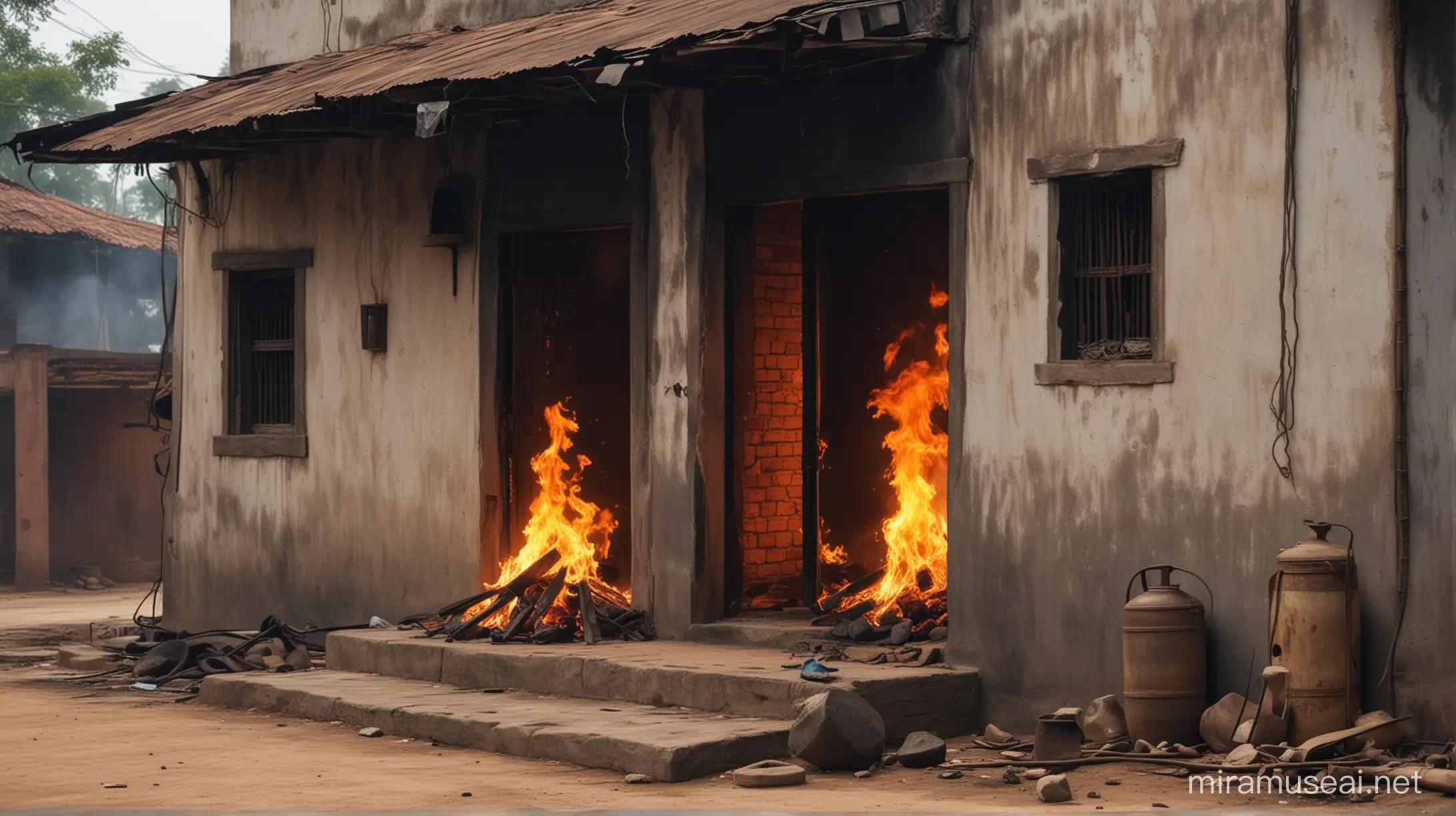 Fire in house, village in india, realistic