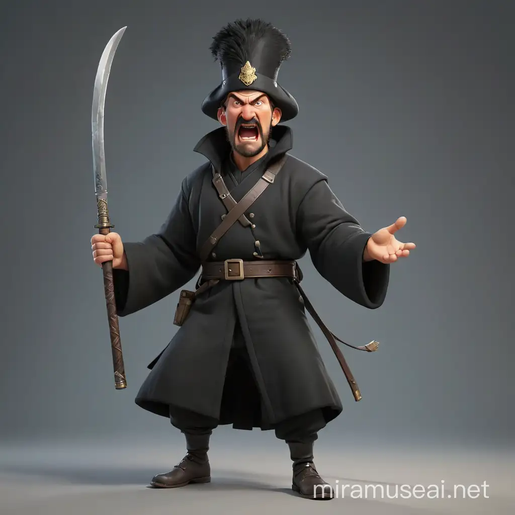A Russian Cossack with a very angry face, expressive beastly features, shouting something and waving a saber. He is wearing a black sheep's high hat and a black coat. We see him in full height, with arms and legs. In the style of realism, 3D animation. In realism style, 3D animation.