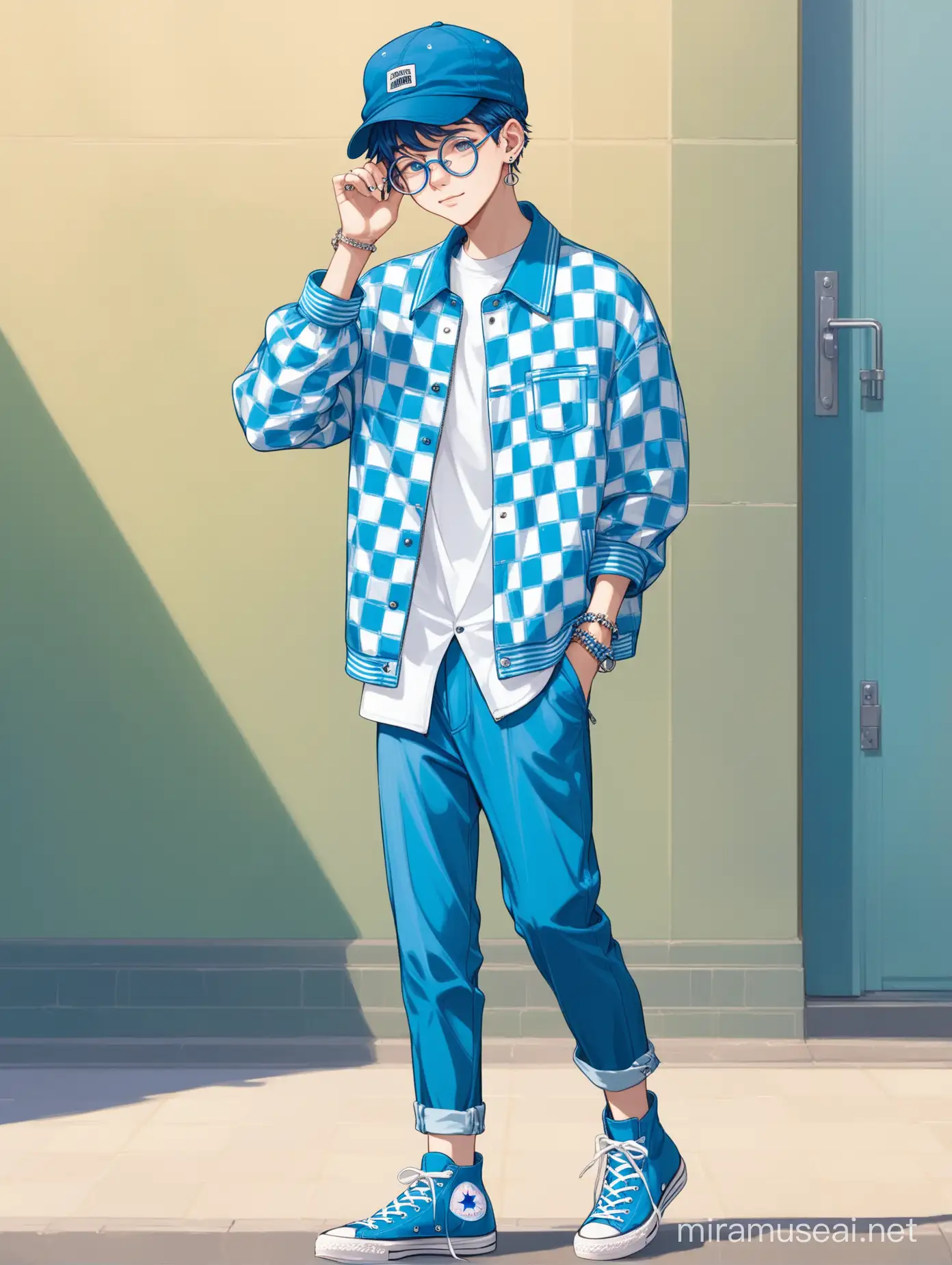 A teenager wearing a cap hat, a blue shirt with a white checkered jacket over it (casual), transparent round-rimmed glasses, blue high-top pants, blue Converse shoes, earrings in his ears and rings on his hands
