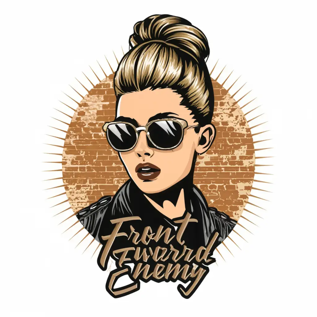 a logo design,with the text 'Front Toward Enemy', main symbol:girl head blonde, high bun hairstyle, wearing sunglasses on forehead,Moderate,clear background