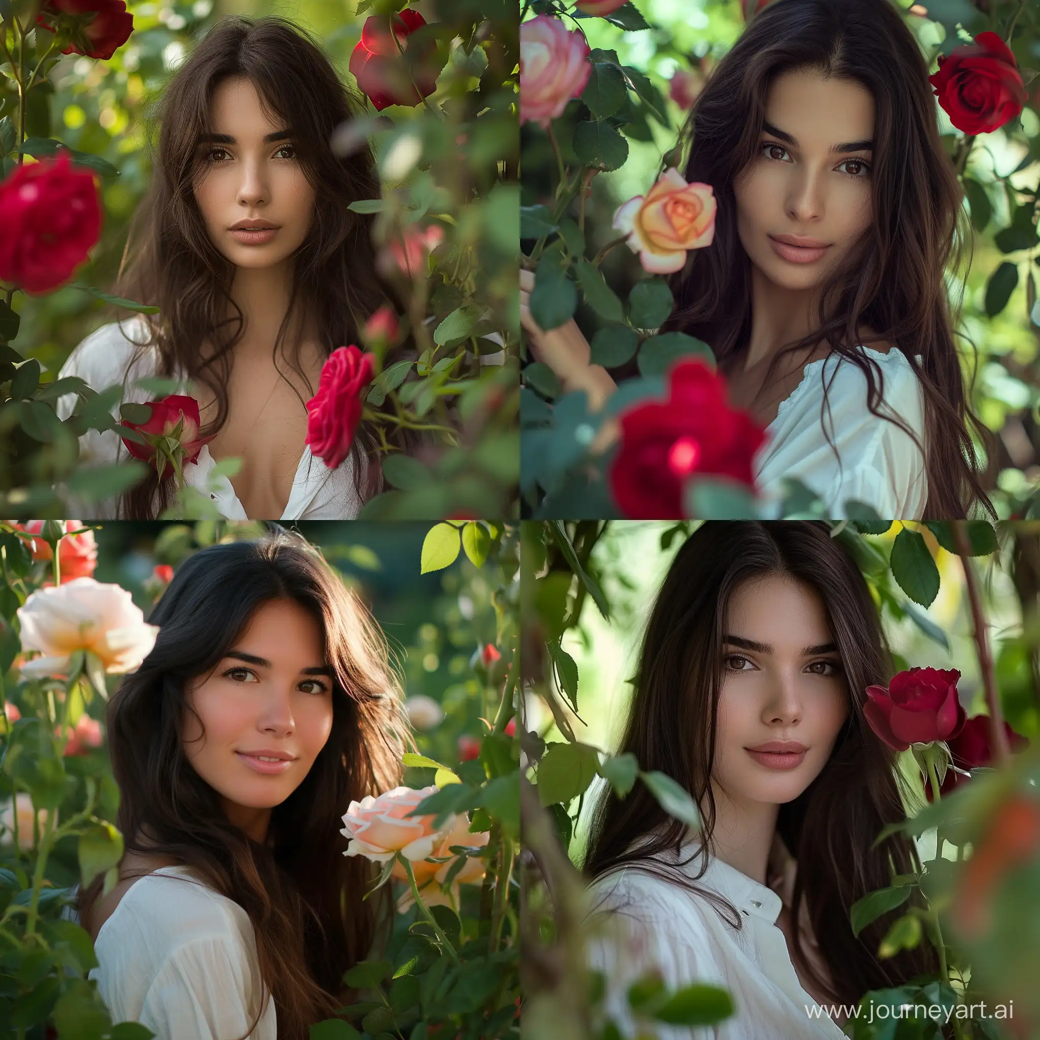 happy valentines day, a  beautiful women, she's standing between rose flowers, dark long brown hair, brown eyes, a little smile on her face , high detailed photo, portrait, a hot white shirt, garden background
