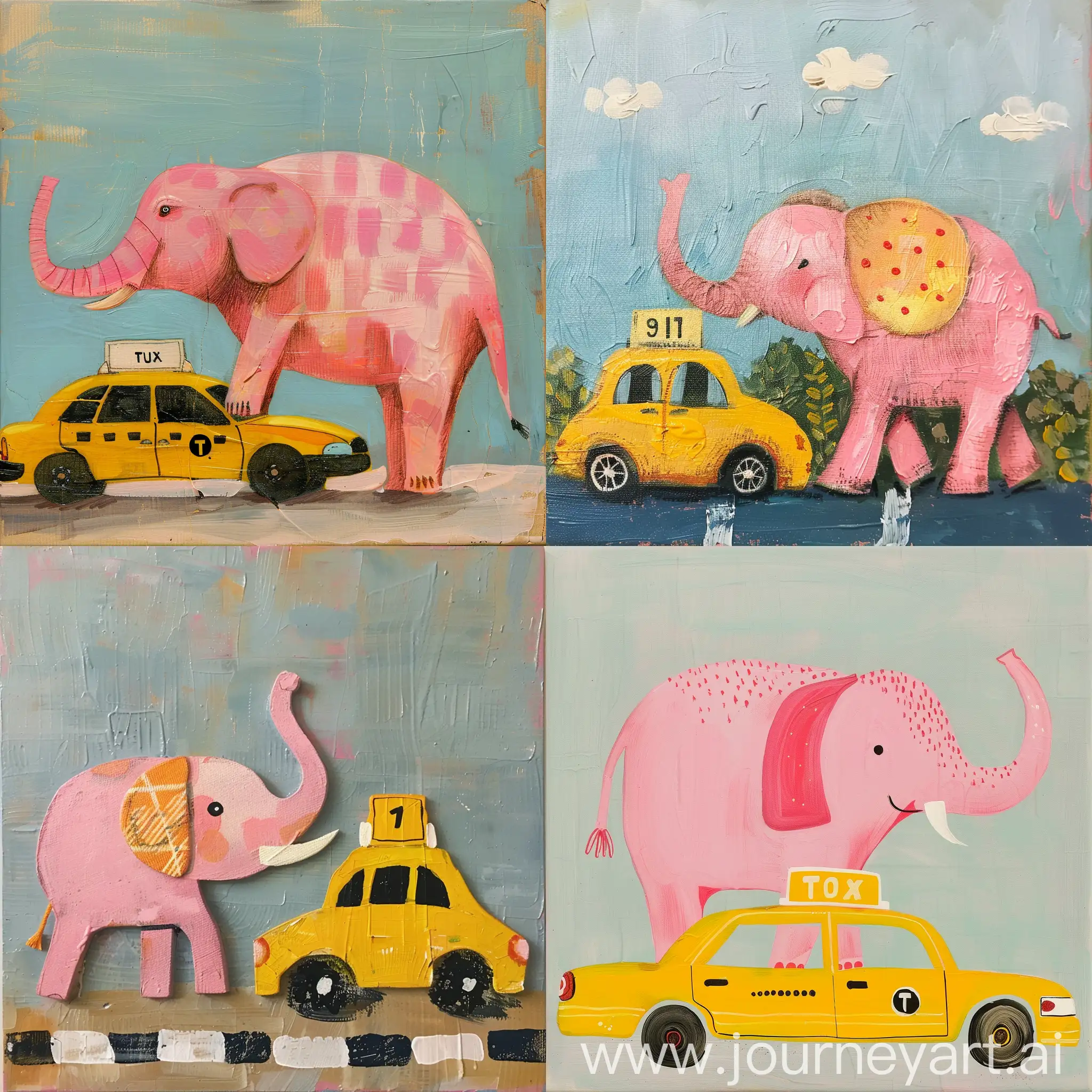 Whimsical-Pink-Elephant-and-Yellow-Taxi-in-Playful-Encounter