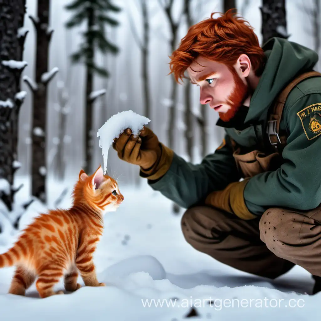 Лесник находит в заснеженном лесу рыжего молодого котика, который очень замёрз, котик весь в снегу, он напуган и хочет есть, лесник его спас