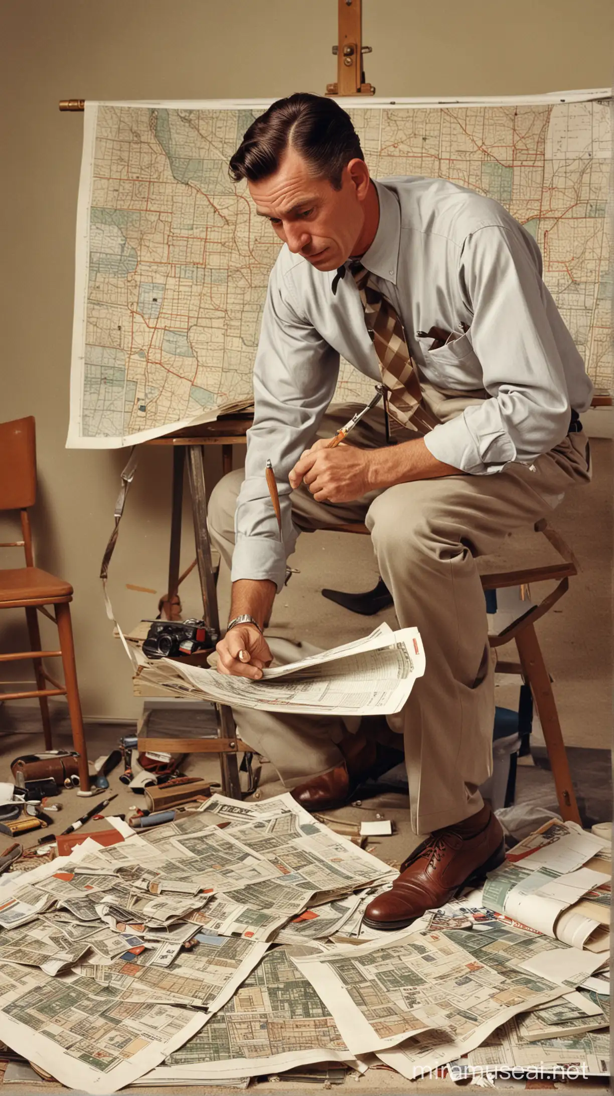 Real estate developer at work circa 1960. Style of Norman Rockwell 