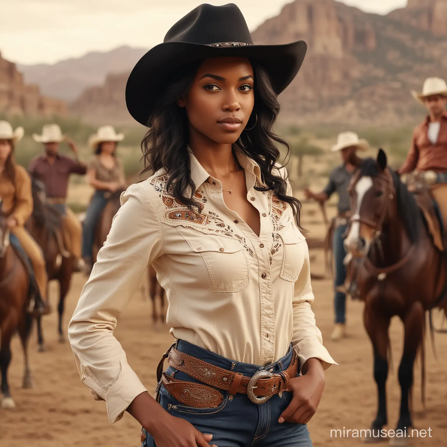 A beautiful black cowgirl at a rodeo party in a cowboy art style, a full body portrait, with detailed face features, wearing a leather belt, and a wide brimmed hat on her head, set against a wild west background with warm tones, and highly detailed. uhd image, natural beauty realistic shot.hyper hd detailed.4k. --s 1000 --v 6.0