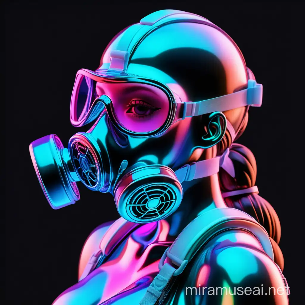 Produce a white shiny iridescent neon colored porcelain figure of a beautiful curvy feminine woman
Strong expression dynamic
Wearing a gas mask with translucent colored glasses 
portrait
Black background