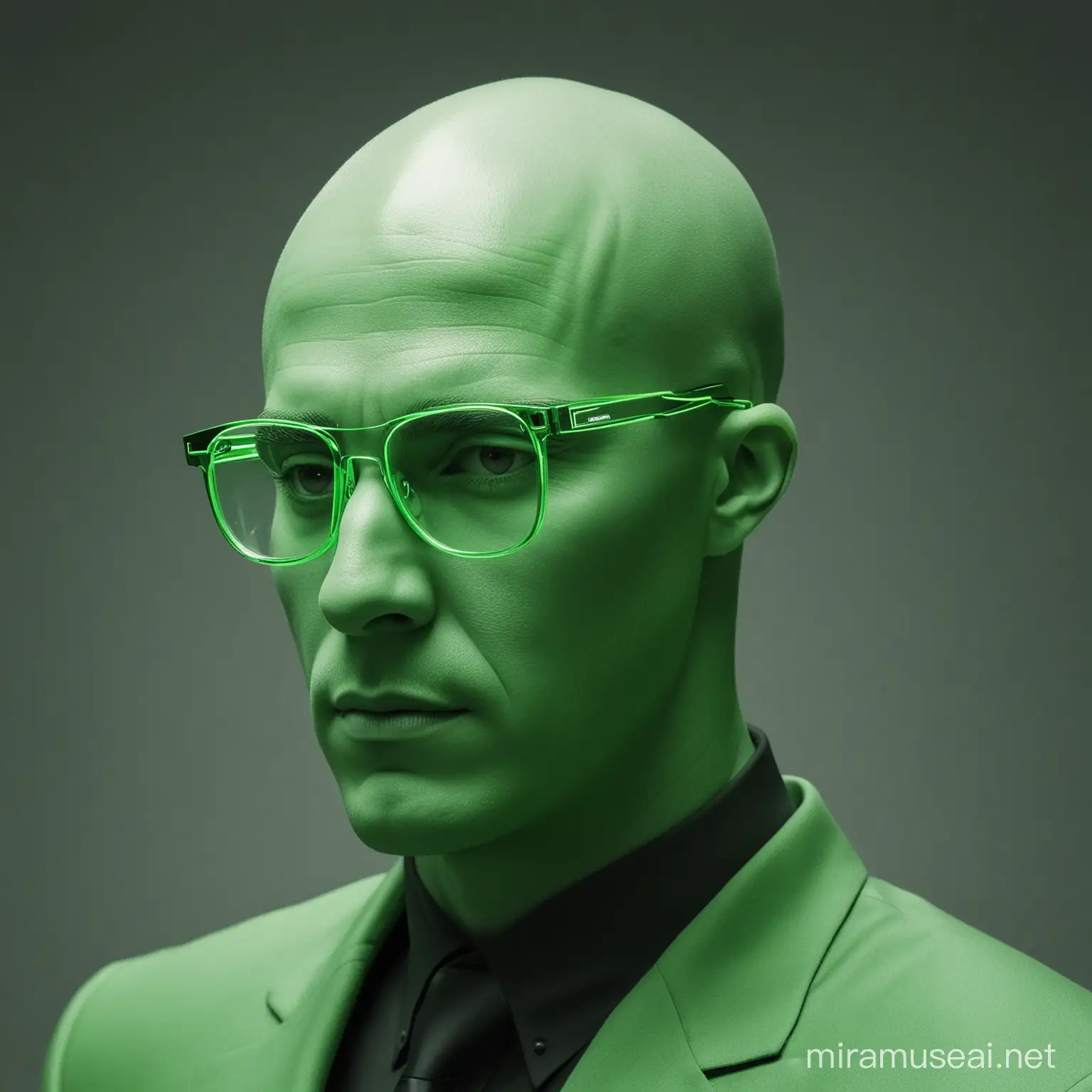 Created a man bald head with glasses in sharp lines and monochromatic shades meet neon green, depicting the fusion of technology and consciousness.