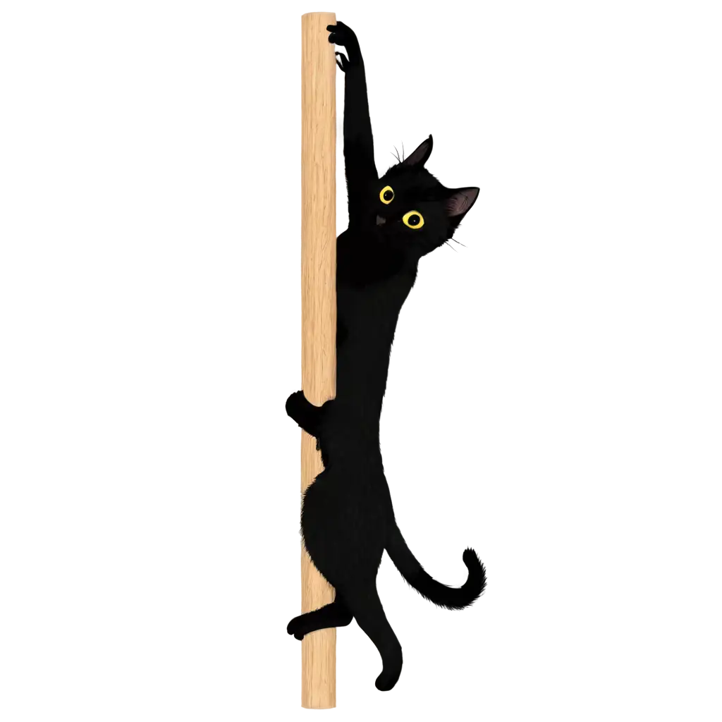 A black cat climbs a pole