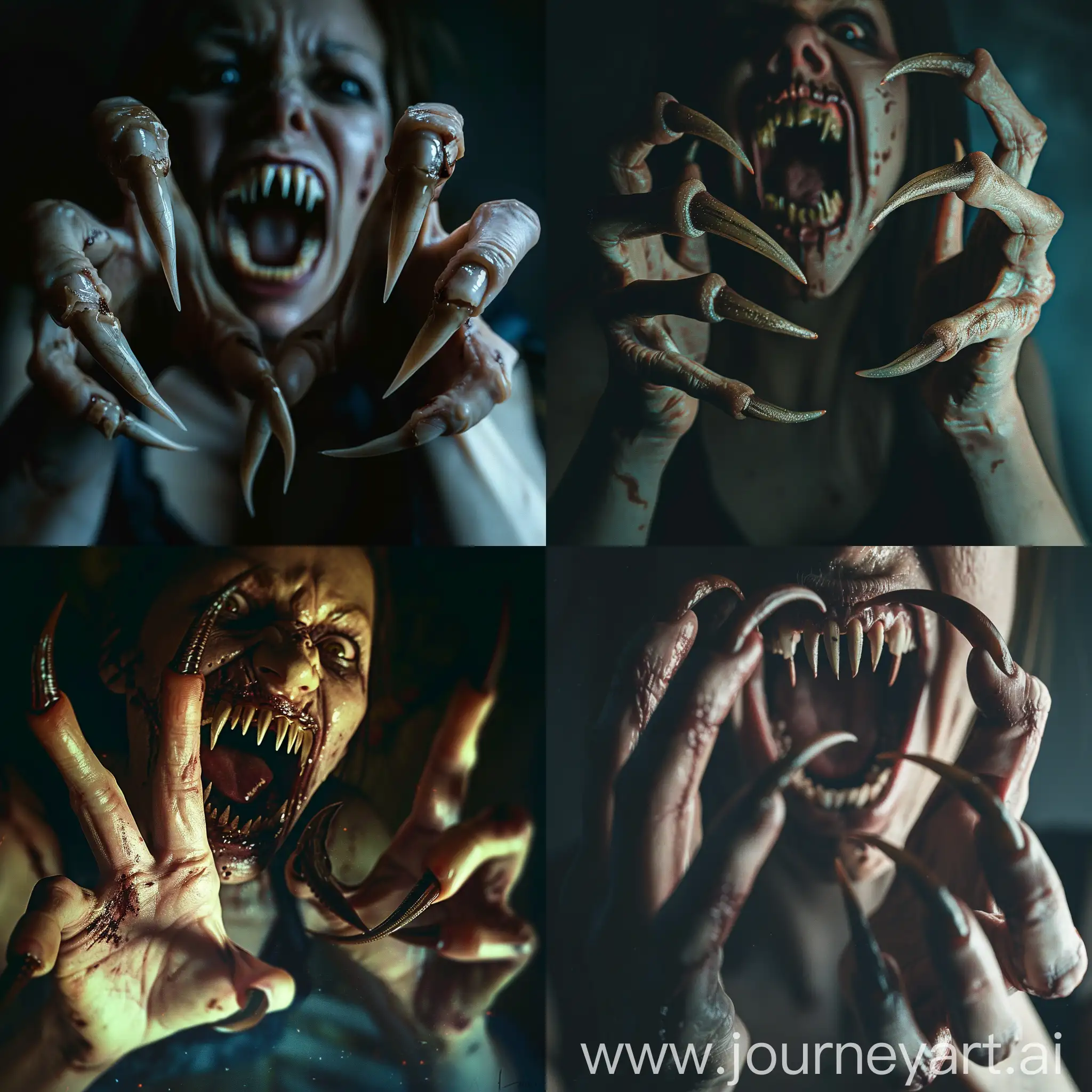 A terrifying nightmarish scene of a zombie woman with long, curved pointed nails protruding out of her fingers like menacing A horrifying nightmare scene of aggressive zombie woman with extra long curved pointed nails like beast claws on her five-fingered hands, her mouth is open with pointed sharped teeth, resembling fangs, she attacks you, scene inside darkness, hyper-realism, cinematic, high detail, photo detailing, high quality, photorealistic, terrifying, aggressive, sharp teeth-fangs, dark atmosphere, realistic detailed, detailed nails, atmospheric lighting.