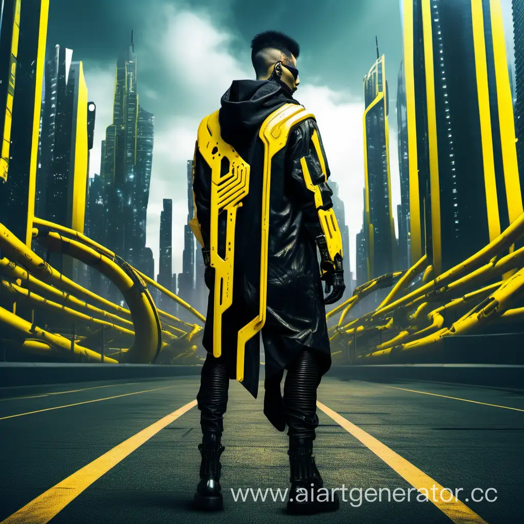 Мужчина в чёрной и жёлтой одежде в стиле киберпанк на фоне города будущего